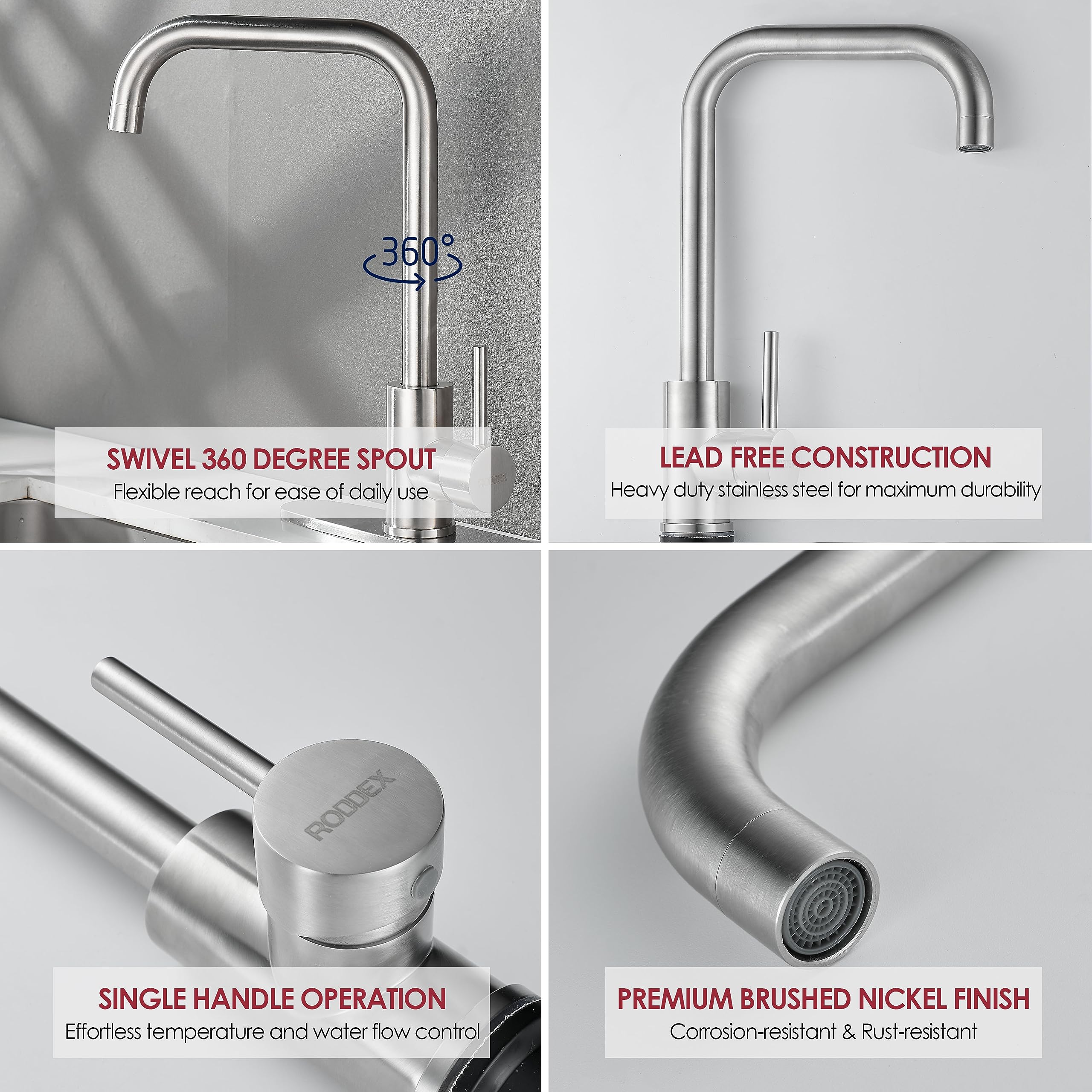 Roddex Square Kitchen Sink Faucet, Single Handle Swivel Bar Mixer With 3 Hole Deck Plate, Stainless Steel Utility Cheese Faucets For Laundry Rv Camper Outdoor Farmhouse (Brushed Nickel, Large)