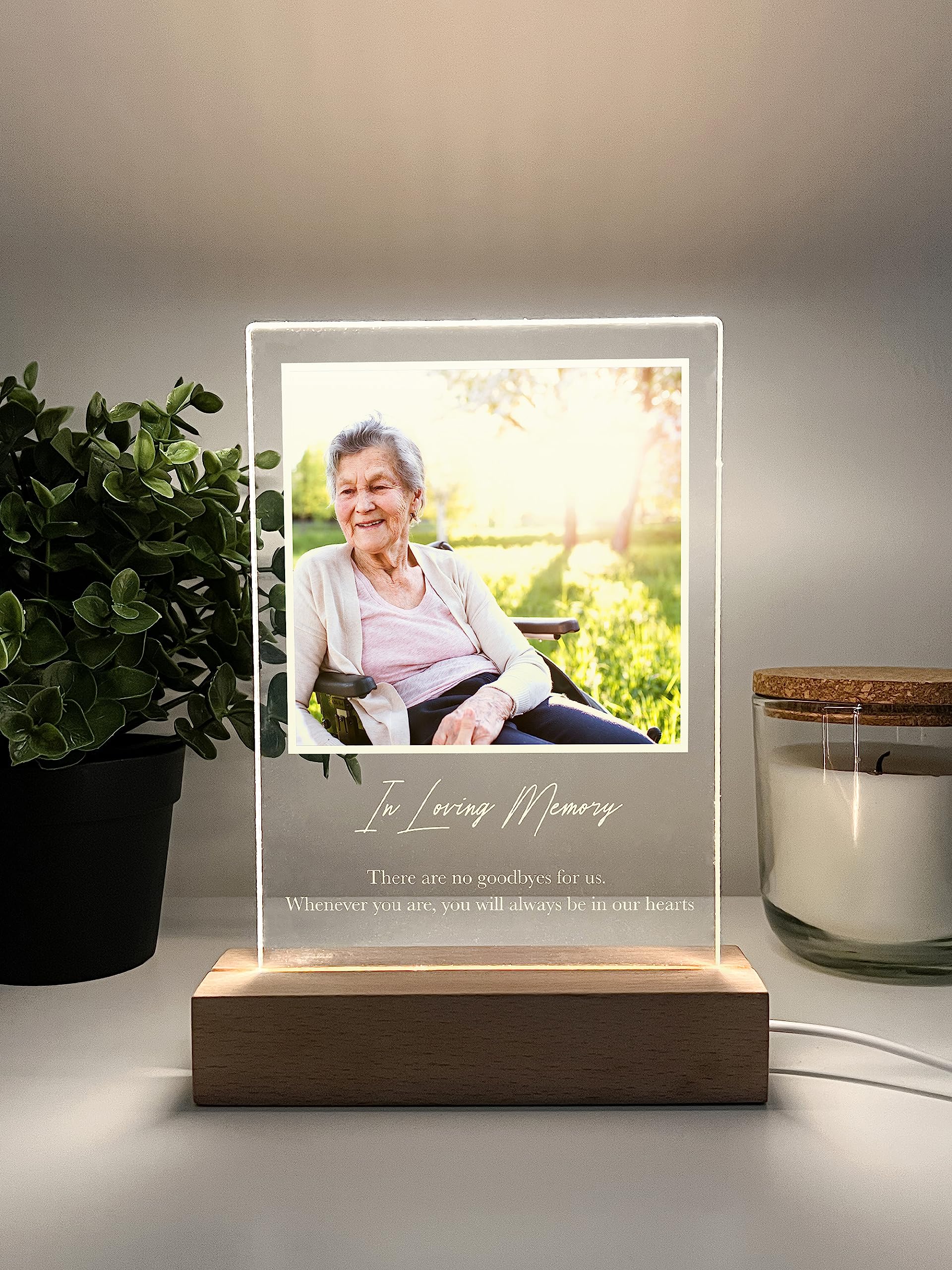 Mirror Mania Custom Personalized Photo Led Wood Stand Night Light Up Table Lamp In Loving Memory Loved One Heart R.I.P Condolence Remembrance Loss Sympathy Bereavement Memorial