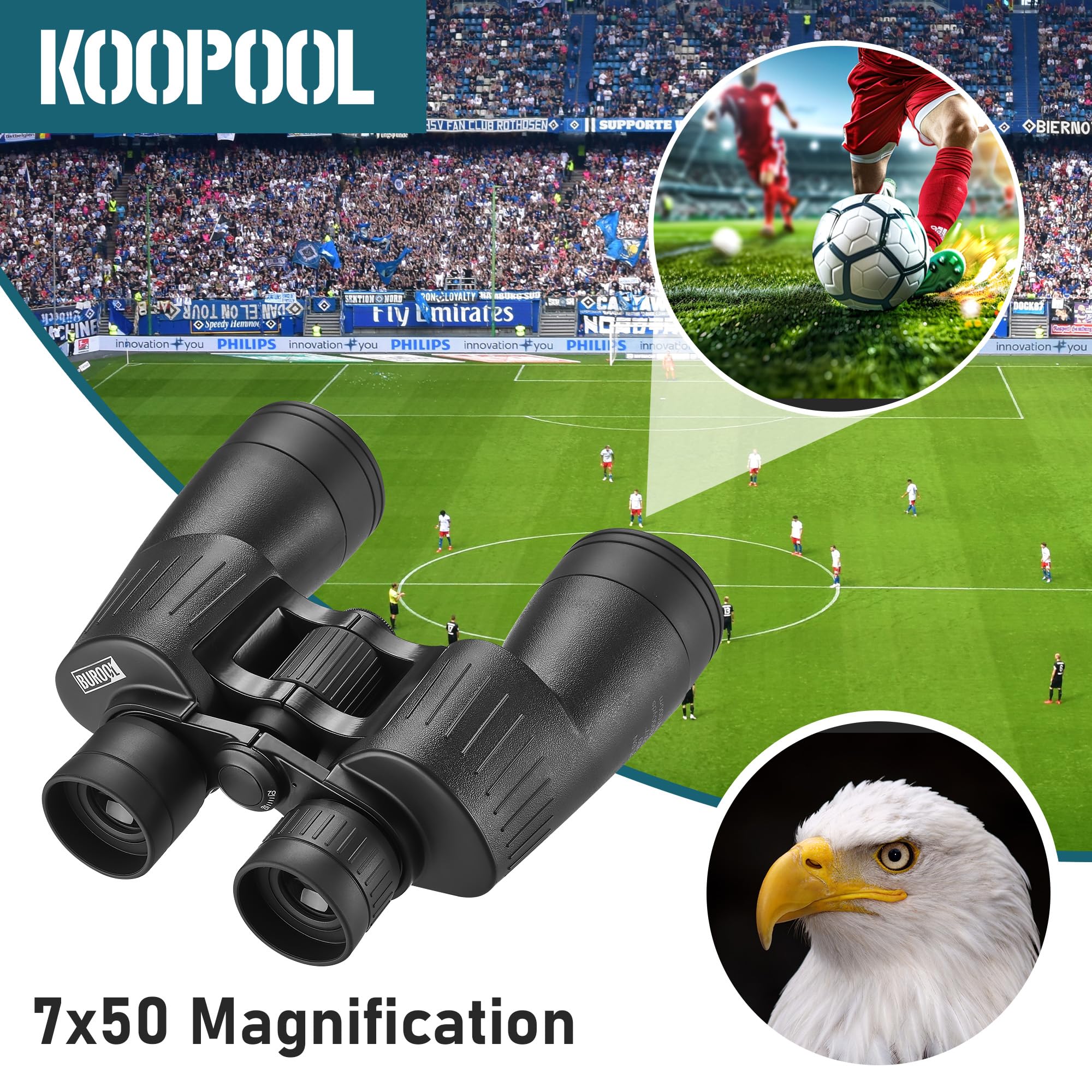 Koopool 7X50 Hd Binoculars High Powered, Large View Binoculars With Clear Low Light Vision-Binoculars For Bird Watching Cruise Travel, Night Vision Binoculars And Waterproof Compact Binoculars For Adults