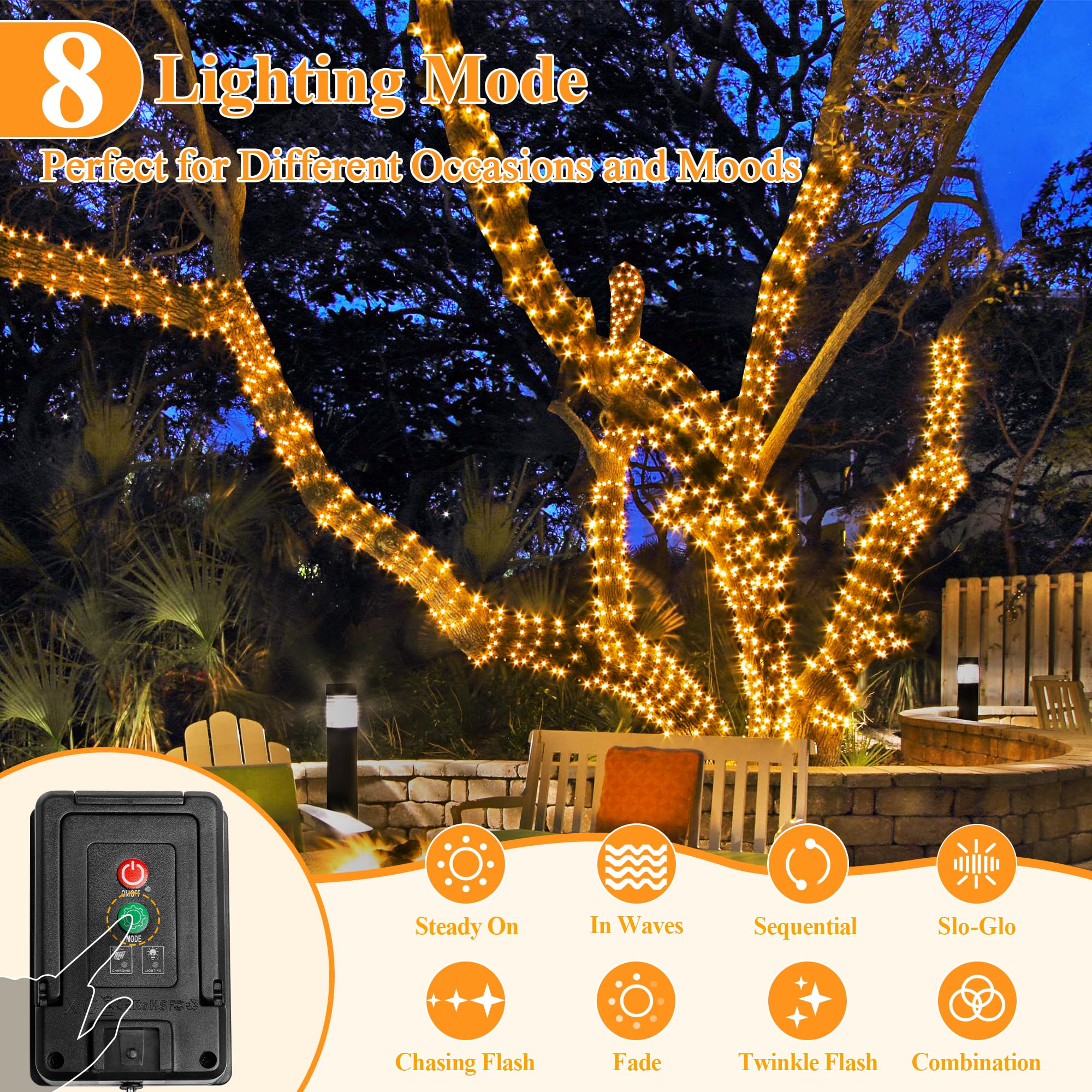 Brightchristmas 2 Pack Solar String Lights Total 480Led 158Ft, Ip67 Waterproof String Lights For Outside With 8 Modes, Solar Panel Fairy Lights For Garden Party Wedding Decorations (Warm White)