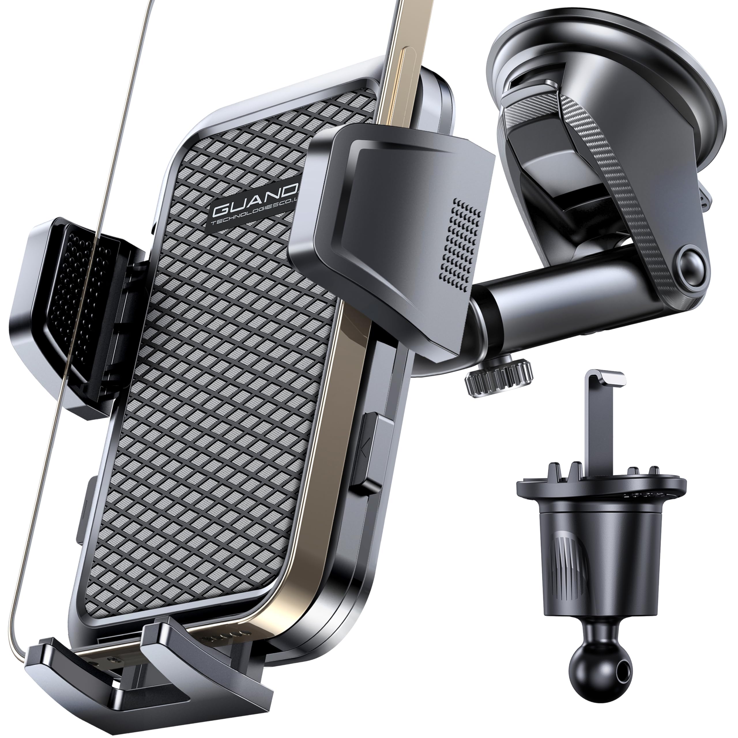 Guanda Technologies Co., Ltd. Adjustable Windshield Phone Mount For Car, Suction Cup Dashboard Holder For All Cell Phone, (+Vent Hook) [Military Grade Stable], Non-Slip Silicone Carbon Fiber, (Black)