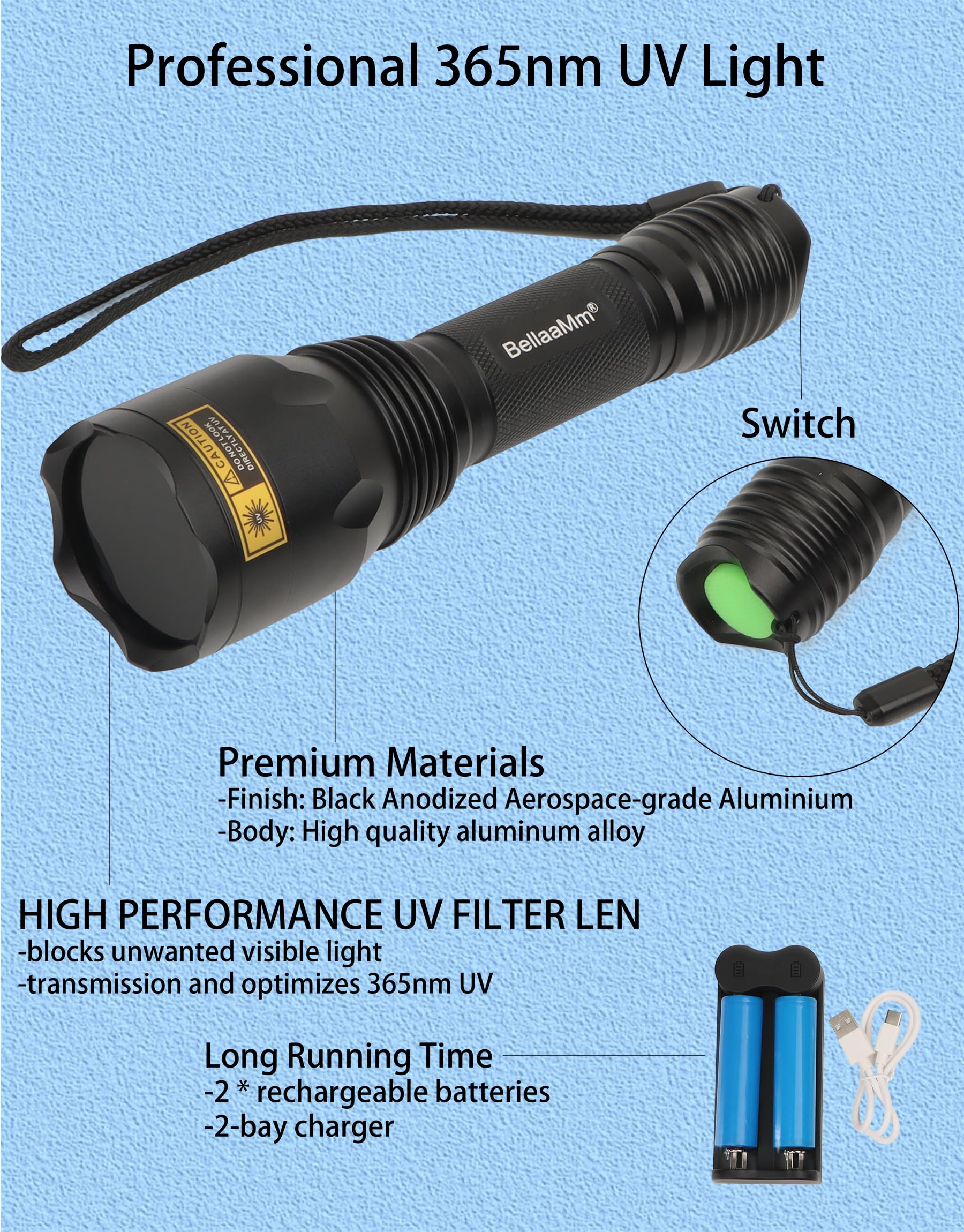 Bellaamm 365 Nm Uv Light Blacklight Flashlights Powerful 365Nm Uv Flashlight With 3 Smd Leds Professional Black Light Flashlight For Scorpion, Pet Urine Detection, Rocks And Minerals, Resin Curing
