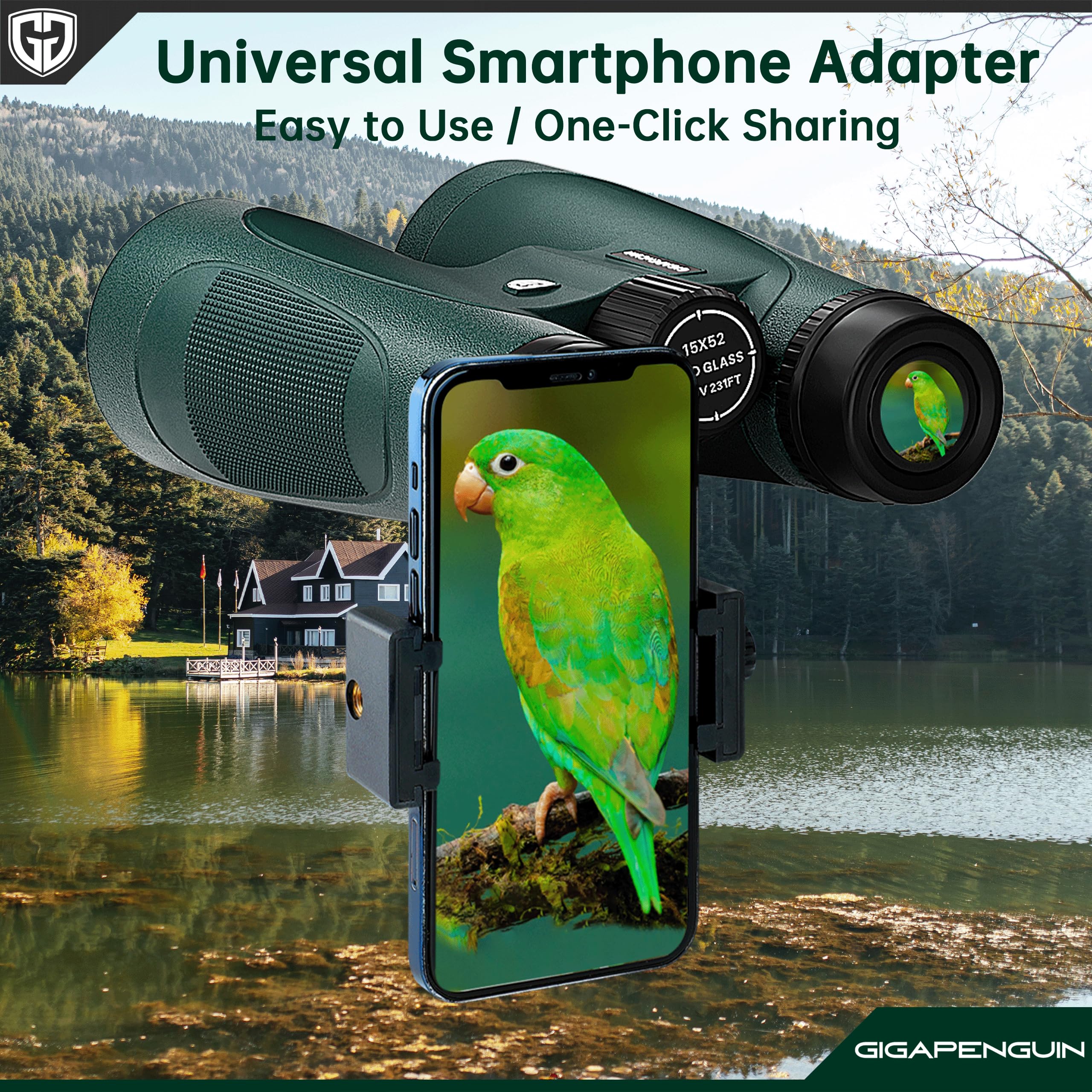 Gigapenguin 15X52 Hd Binoculars For Adults High Powered With  Phone Adapter - Large View Binoculars With Clear Low Light Vision - Lightweight Waterproof Binocular For Bird Watching Travel Hunting Cruise