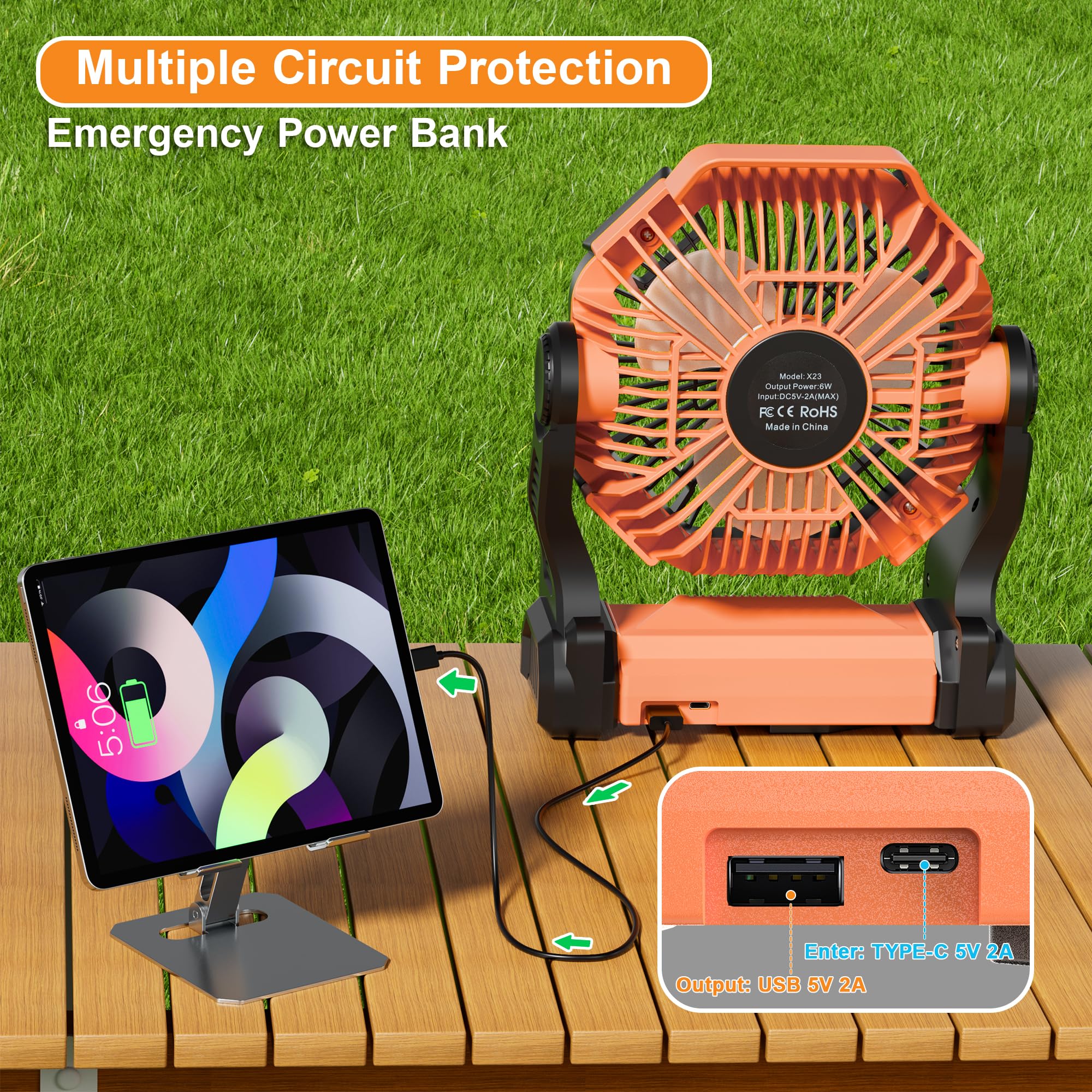 Portable rechargeable camping fan with 12000mAh battery, light function, ideal for camping and outdoor activities