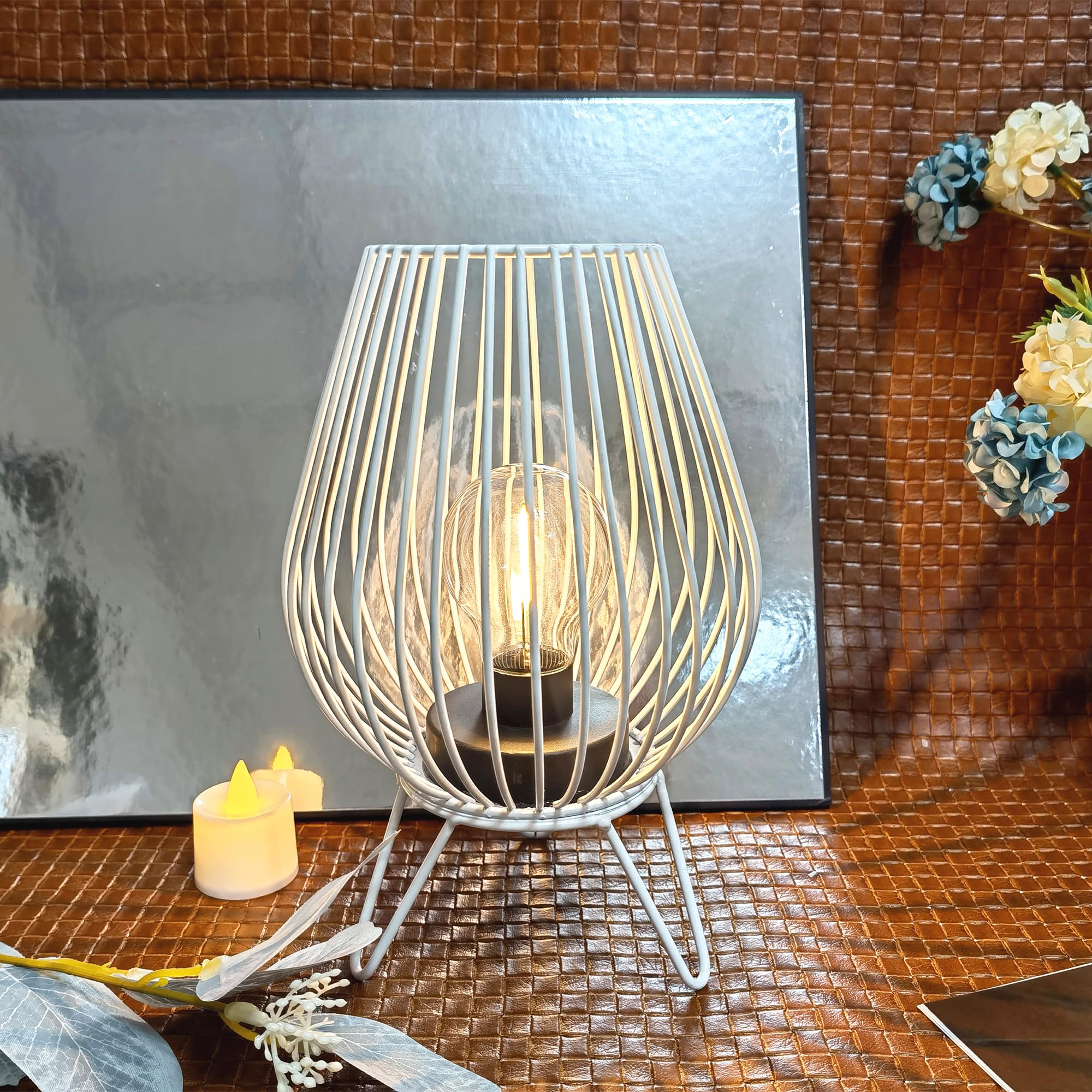Auron 22Cm High Table Lamp Iron Cage Shape Night Light Battery Operated Bedside Lamp Home Decor For Bedroom Living Room Party Office Garden Indoor Outdoor (White)