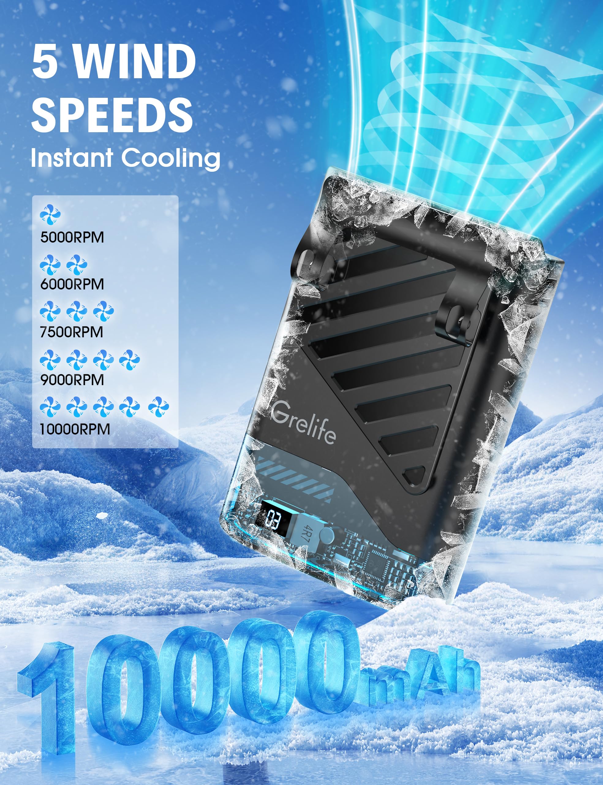 Grelife Ai Portable Waist Fan Rechargeable With Led Display & 40H Runtime,5 Speed 10000Rpm Cooling