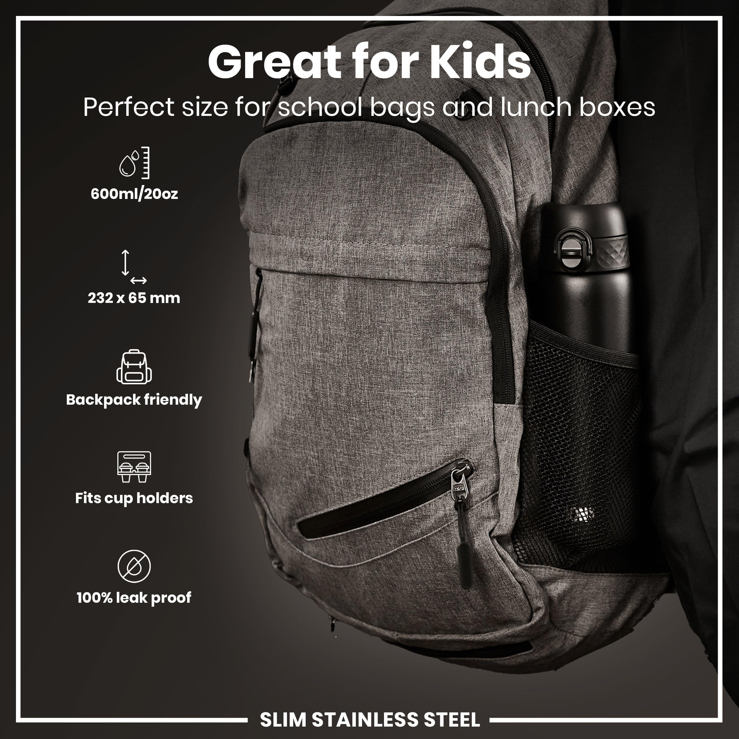 Ion8 Steel Water Bottle, 600 Ml/20 Oz, Leak Proof, Easy To Open, Secure Lock, Dishwasher Safe