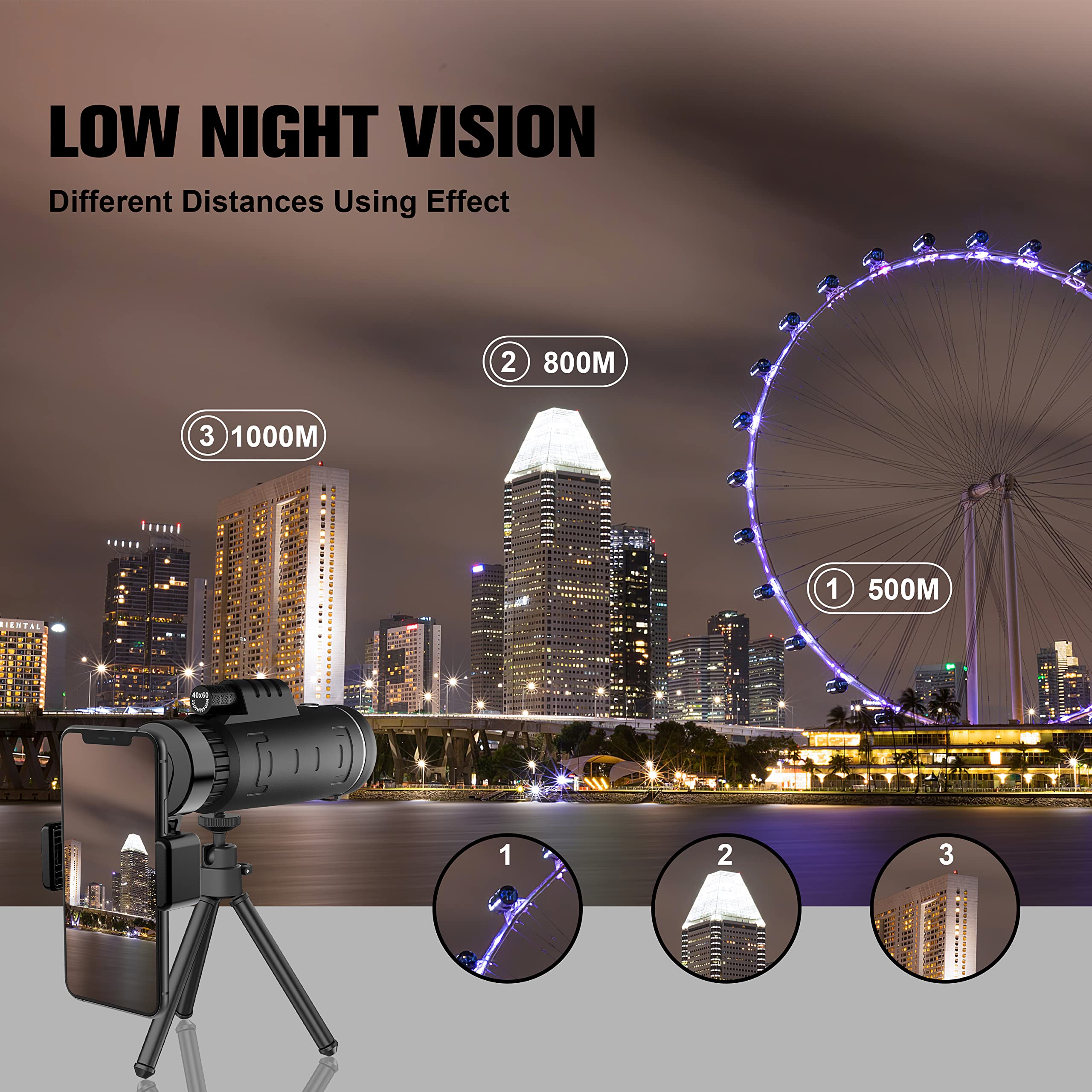 Jiasifu 40X60 High Definition Monocular Telescope With Smartphone Adapter, Bak4 Prism Fmc Monocular With Clear Low Light Vision For Wildlife Hunting Camping Travelling（Ld006-00A-38）