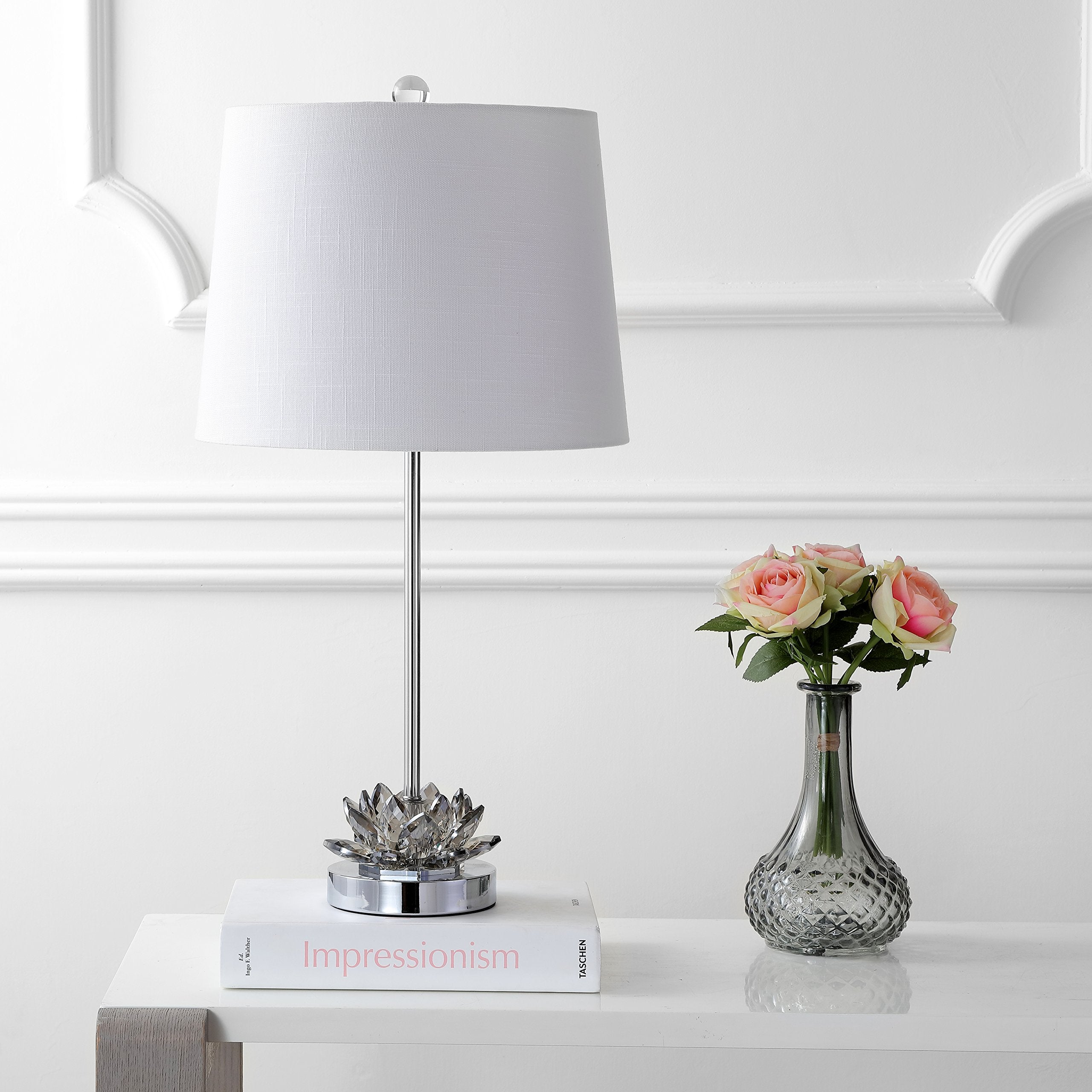 Jonathan Y Jyl2019A Amelia Lotus 25" Crystal Led Table Lamp Contemporary Transitional Bedside Desk Nightstand Lamp For Bedroom Living Room Office College Bookcase Led Bulb Included, Smoke Gray/Chrome