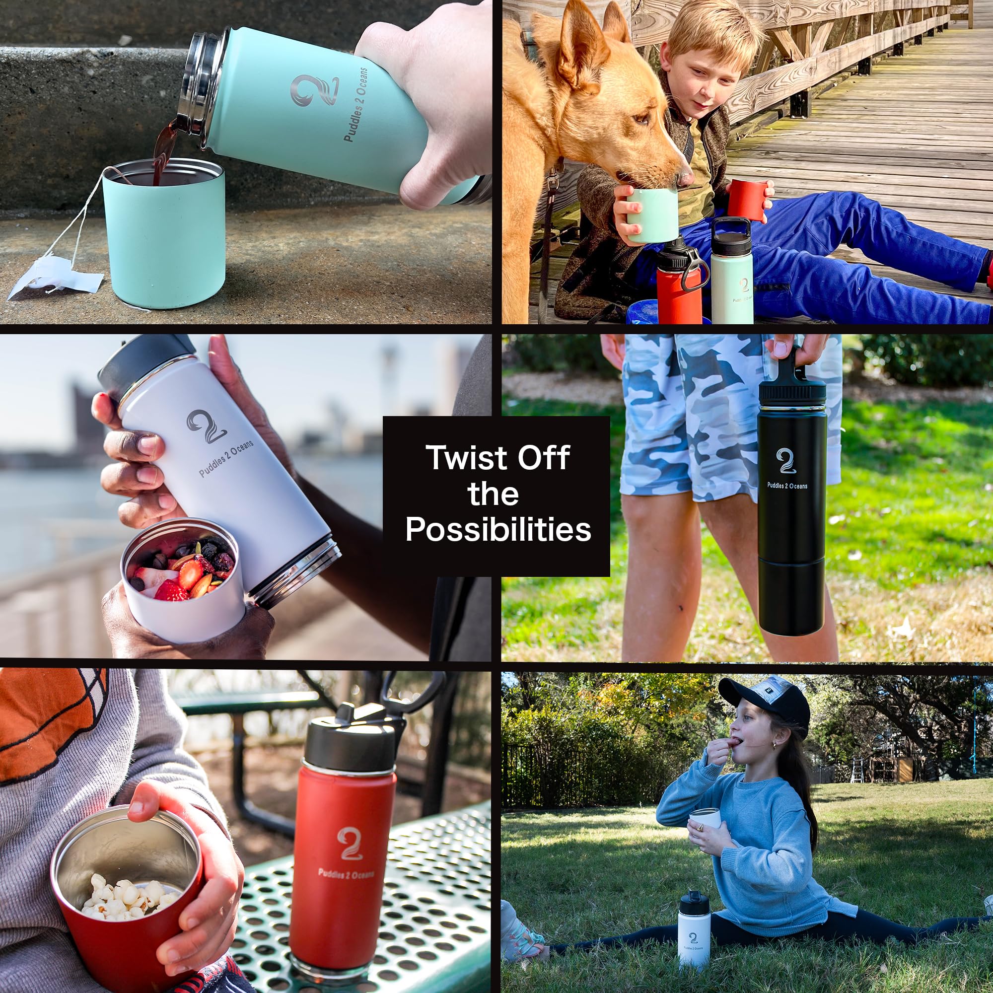Insulated Water Bottle & Snack Container - Stainless Steel Water Bottle, 3 Lid Types