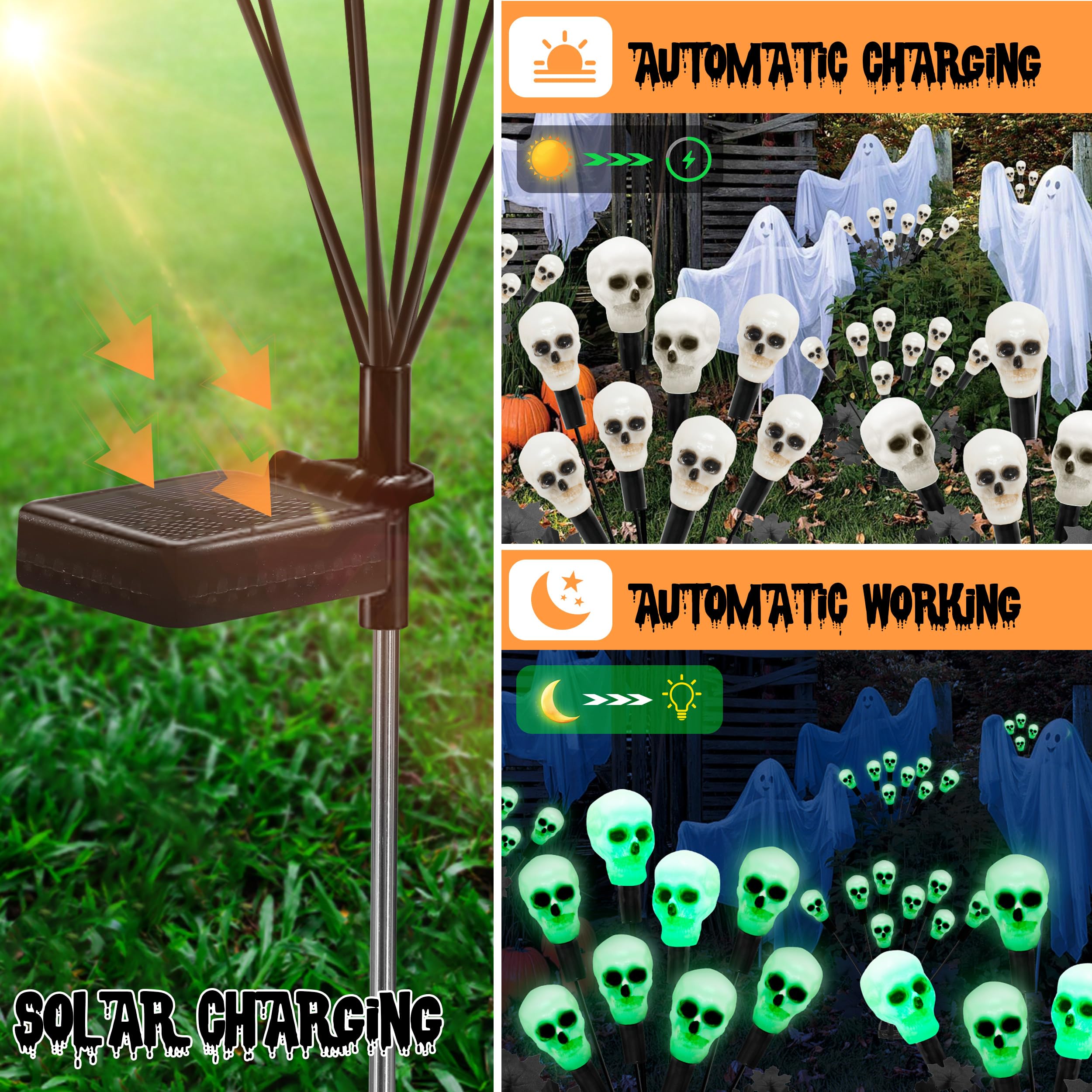 Jimerf 2 Pack 16Led Solar Skull Halloween Lights - Ip65 Waterproof Outdoor Decorations, Scary Swaying Firefly Lights For Garden, Patio, Yard, Lawn Decor