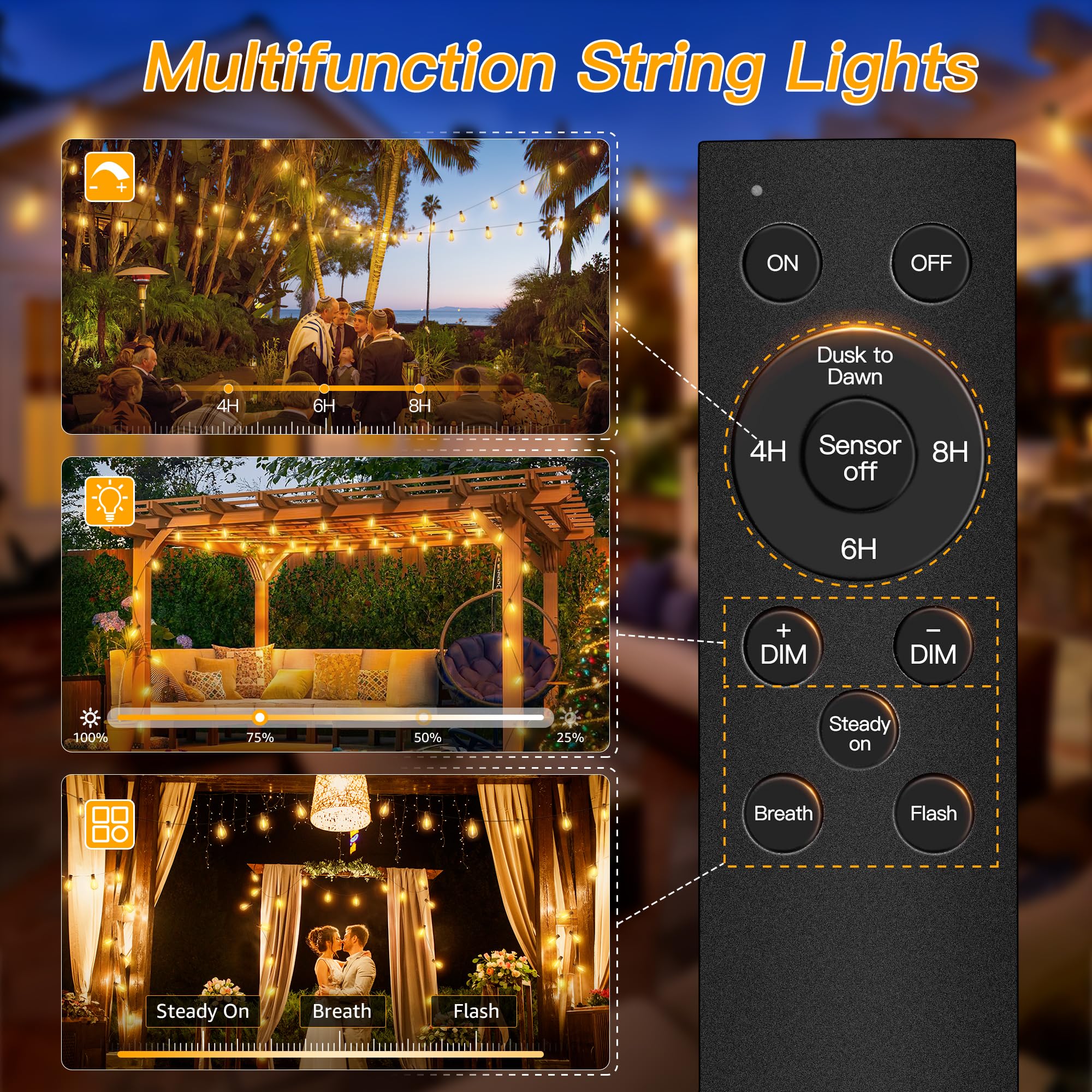 Ollny S11 50Ft Outdoor String Lights With Remote, 3 Modes Dimmable Timers Waterproof Connectable Outside Lights, 24+2 Led Spare Bulbs Dusk To Dawn Hanging Light For Yard Balcony Camping Gazebo Garden