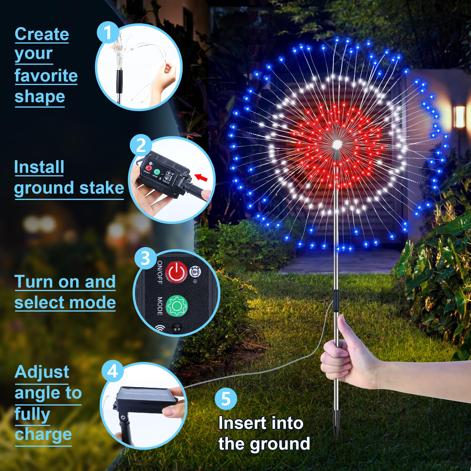 Sakayo 4Th Of July Decorations Outdoor 2 Pack Red White And Blue Solar Firework Lights With 180 Led 8 Lighting Modes Patriotic Decorations Fireworks Lights Waterproof Fourth Of July Lights For Party