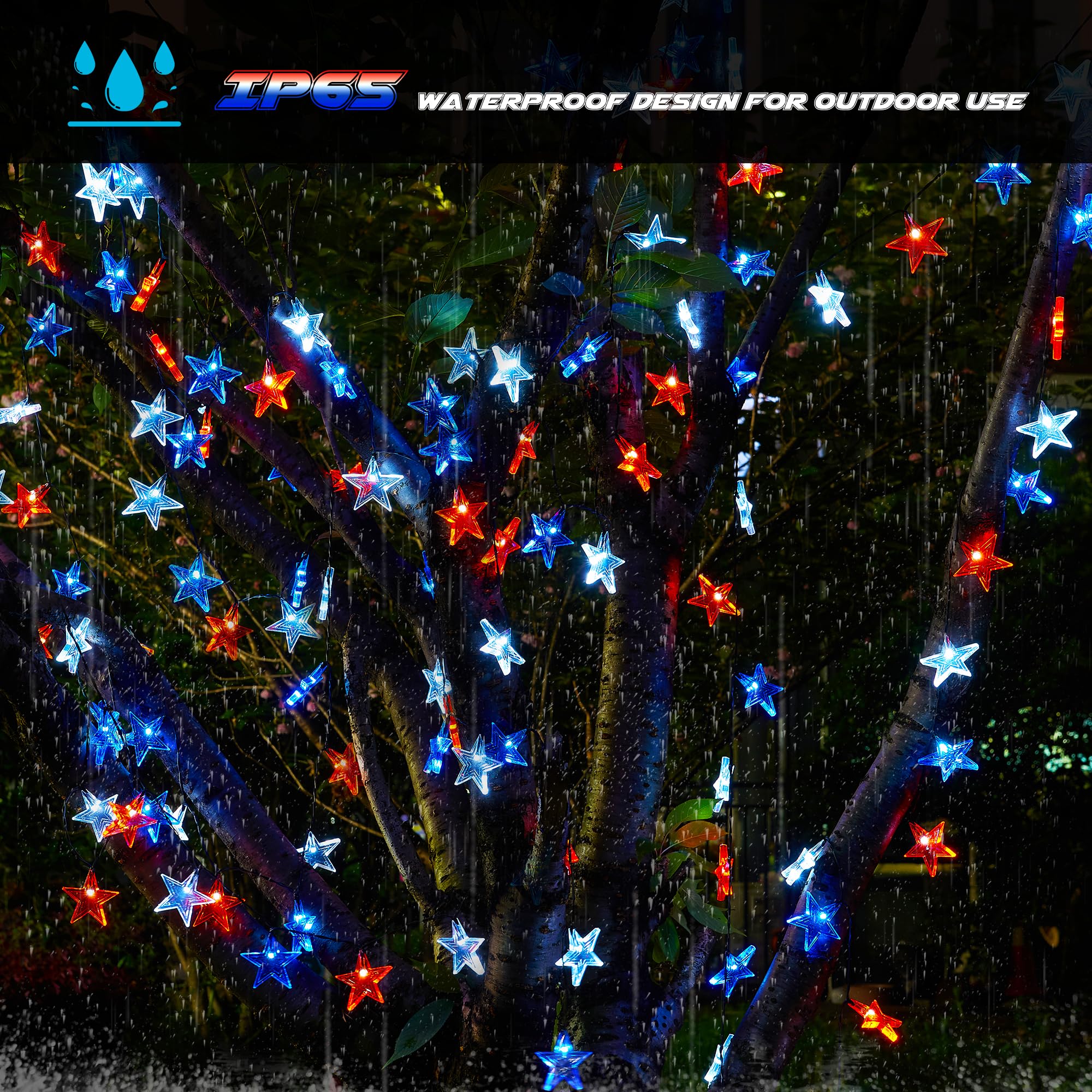 Blctec Solar 4Th Of July Decorations, Red White Blue String Lights With 60 Led Big Stars, Waterproof Patriotic Stars Lights Built In 8 Lighting Modes For Outdoor Memorial Day, July 4Th Decorations