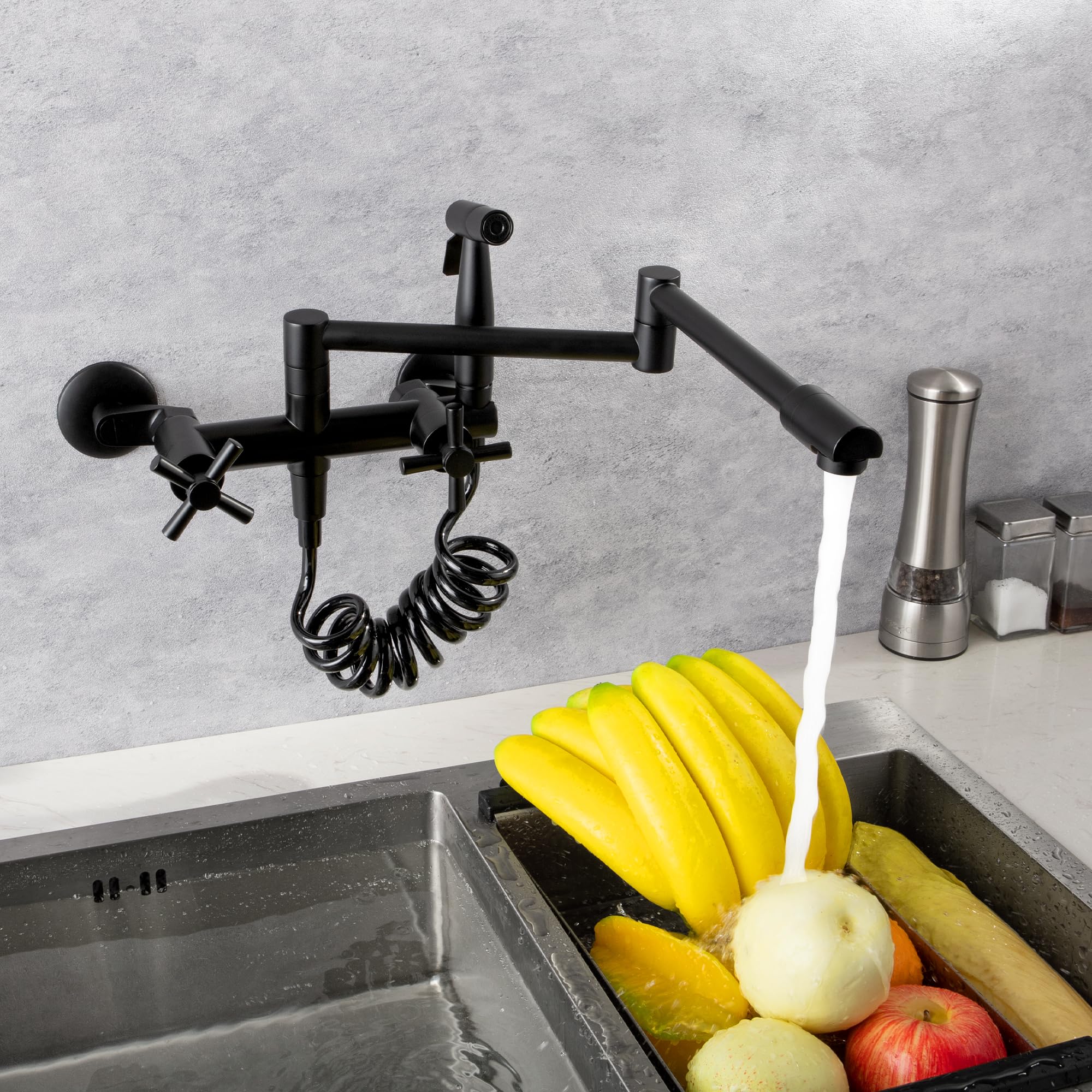 Dolgaba Wall Mount Kitchen Faucet Commercial Pot Filler 8 Inch Center 2 Handles Folding Wall Mounted Faucet For Kitchen Sink With Side Sprayer, Matte Black