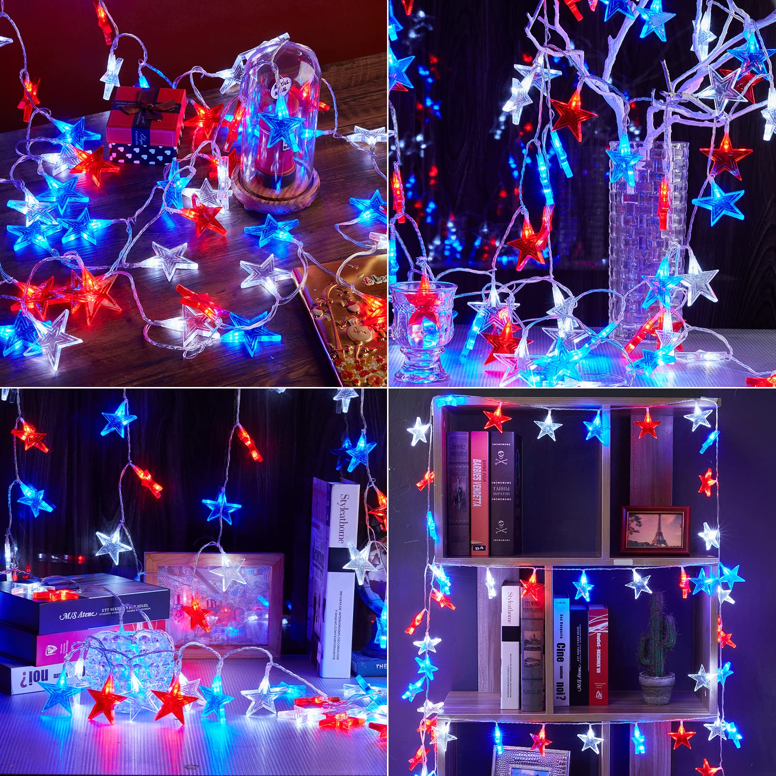 Wispleashare 4Th Of July Decorations Red White Blue Lights With 60Led Big Stars, Solar Powered Rechargeable Independence Day Lights For Indoor Outdoor Home Garden Golf Cart Patriotic Theme Memorial Day Decorations