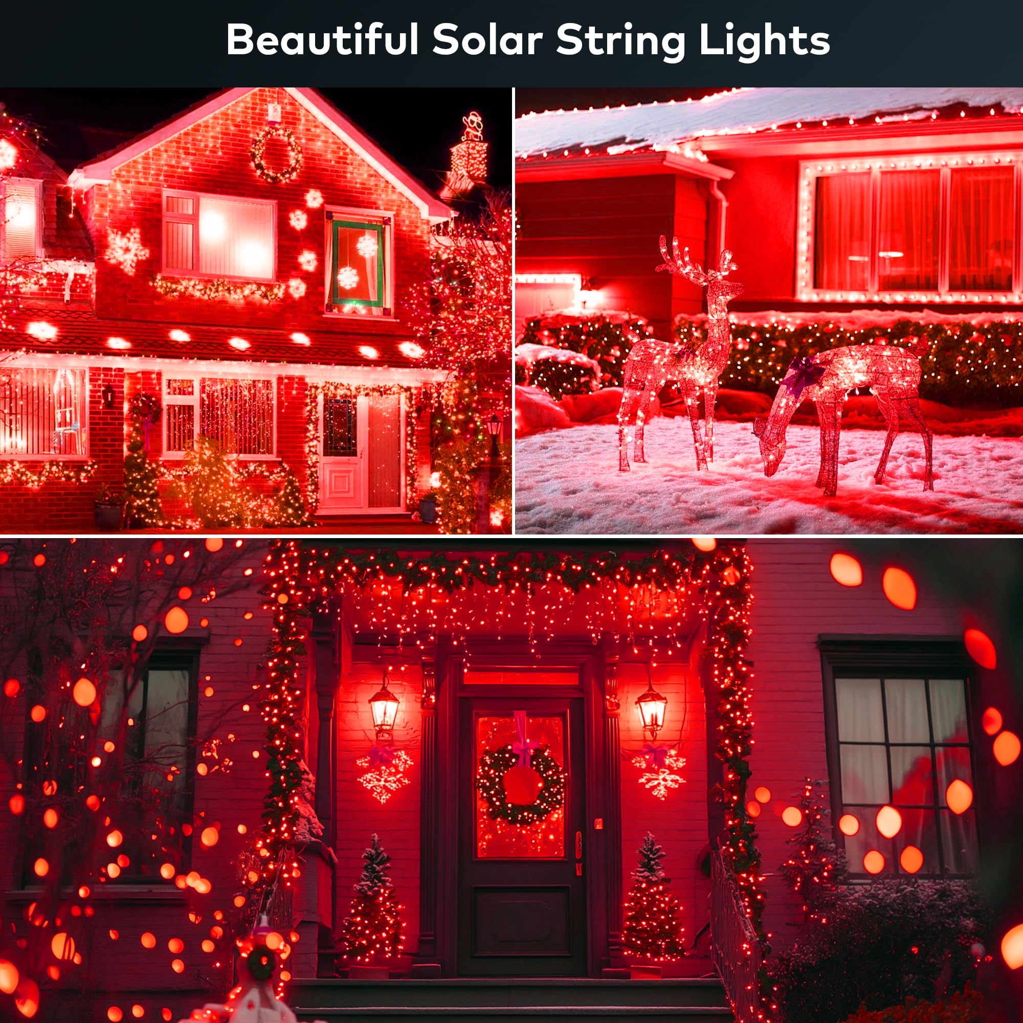 Ohlux 3 Pack Solar String Lights Outdoor, Total 100Ft 300Led Solar Powered Fairy Lights Waterproof, 8 Modes Christmas Lights For Christmas Garden Tree Wedding Patio Decor-Red