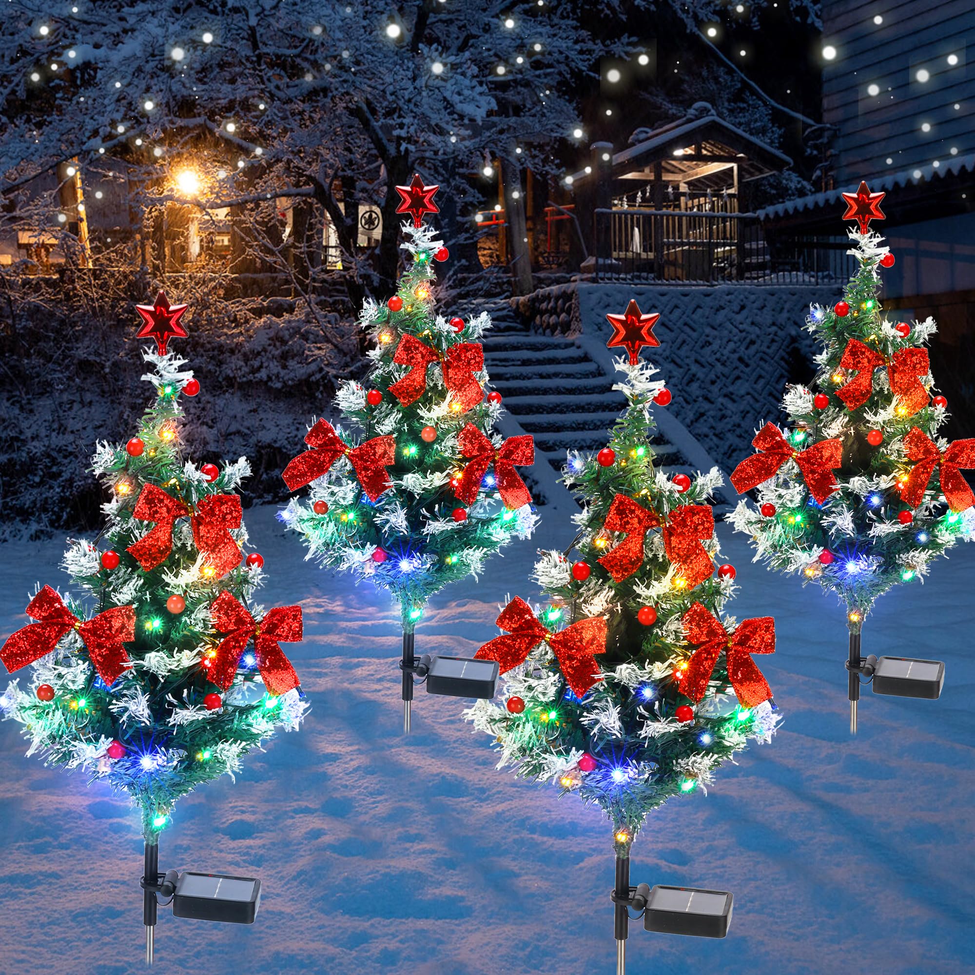 Ularoom Solar Christmas Tree Light - Waterproof Small Pathway Outdoor Decorations, Cedar Xmas Tree With 20 Led Lights In 4 Colors For Garden/Yard/Patio, 4 Packs