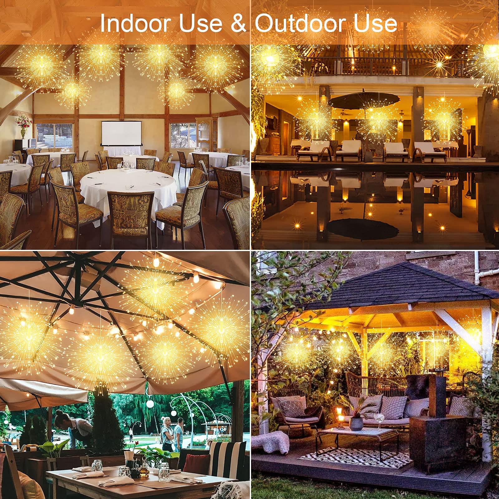 Admitrack 4 Pack String Lights - 225 Led 8 Modes Dimmable With Remote Control, Waterproof Copper Wire Decorative Hanging Bursting Star Lights For Party, Patio, Garden Decoration (Warm White)