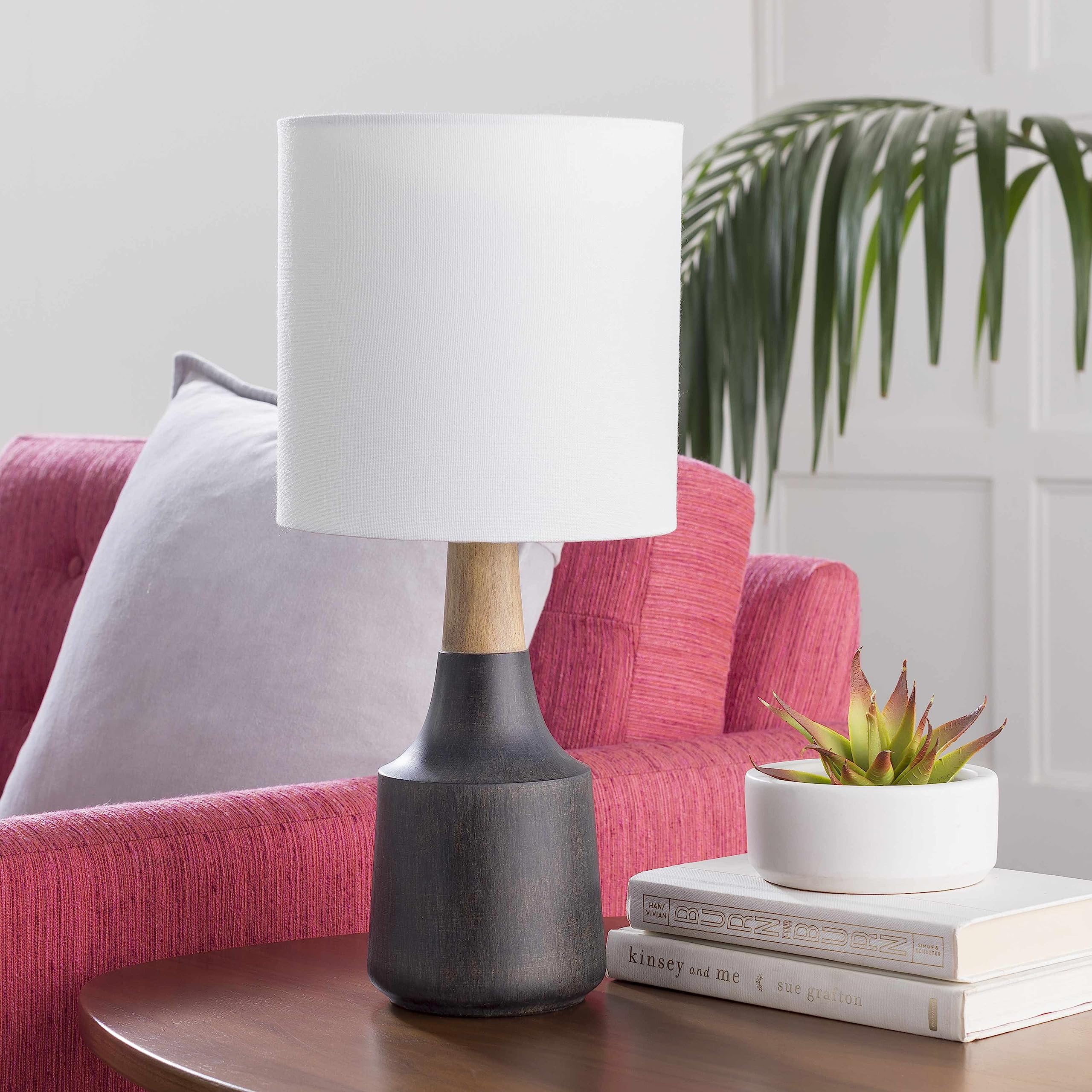 Hauteloom Canayan Table Lamp - Modern Desk Lighting - White Linen - Black - 17