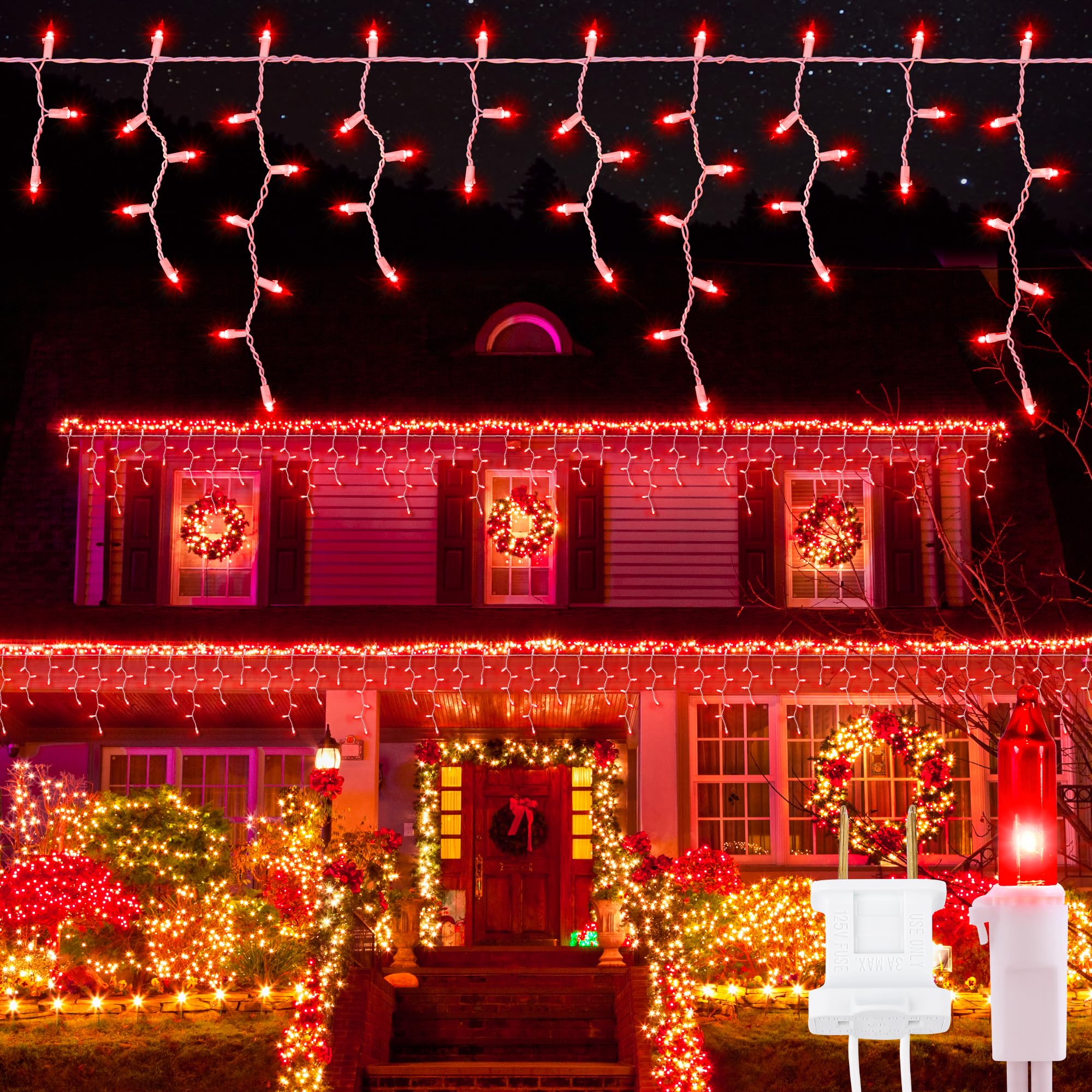 Oopswow Youngar 23Ft 200 Icicle Christmas Lights, Waterproof Connectable Twinkle Fairy Lights For Indoor Outdoor Fireplace Wedding Decorations (Red)
