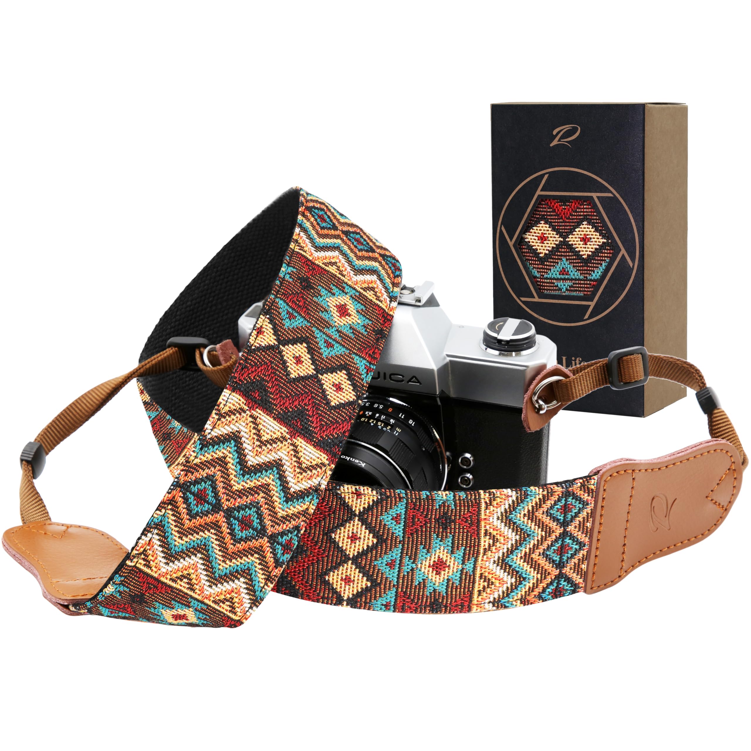 Padwa Lifestyle Camera Strap - 2" Cowhide Head Camera Straps For Photographers,Vintage Jacquard Embroidery Woven Cotton Adjustable Shoulder Neck Straps For Cameras,Binoculars（Cool Ethnic Style Brown）