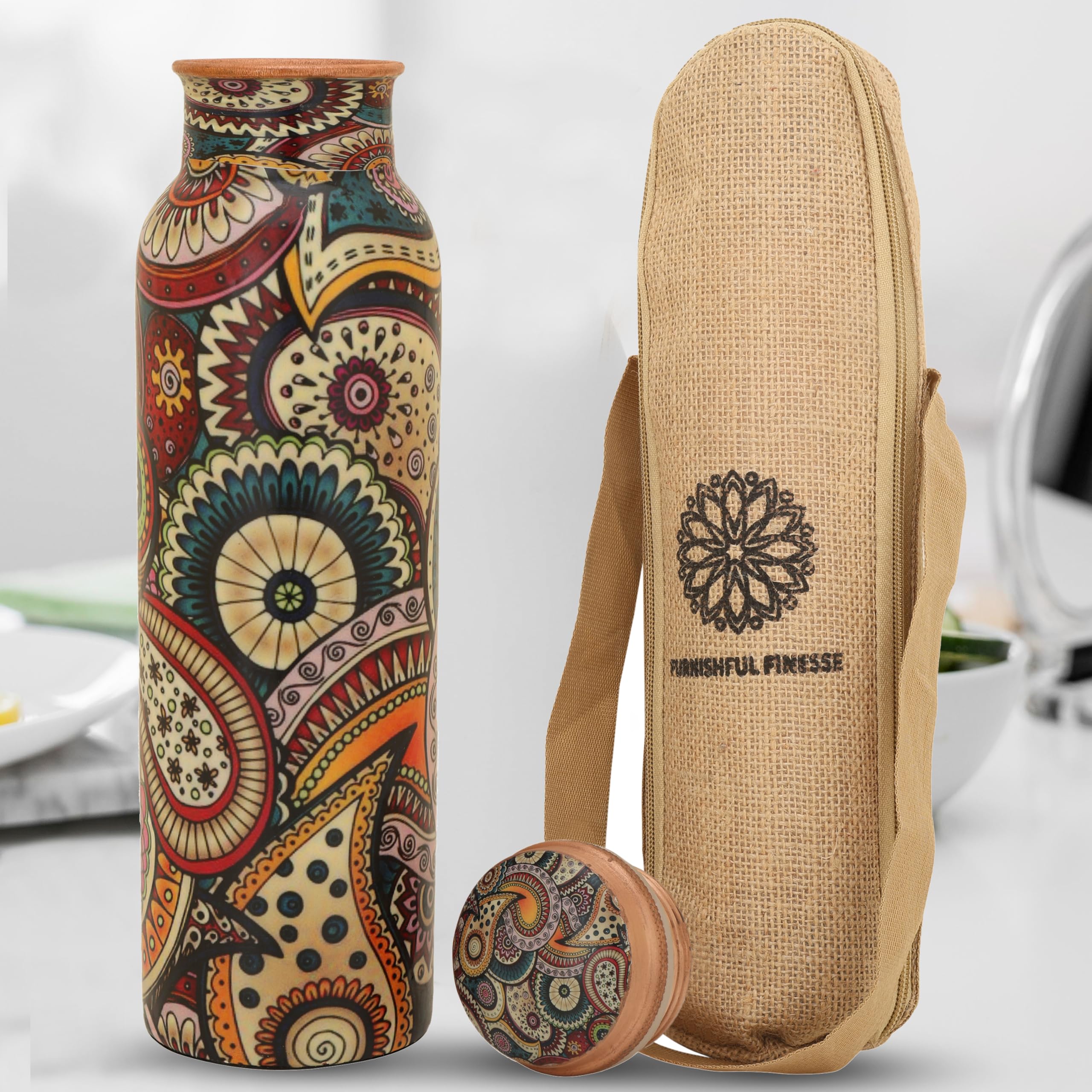 Craft Trade Printed Copper Bottle With Lid And Carry Bag For Drinking Water Leak Proof