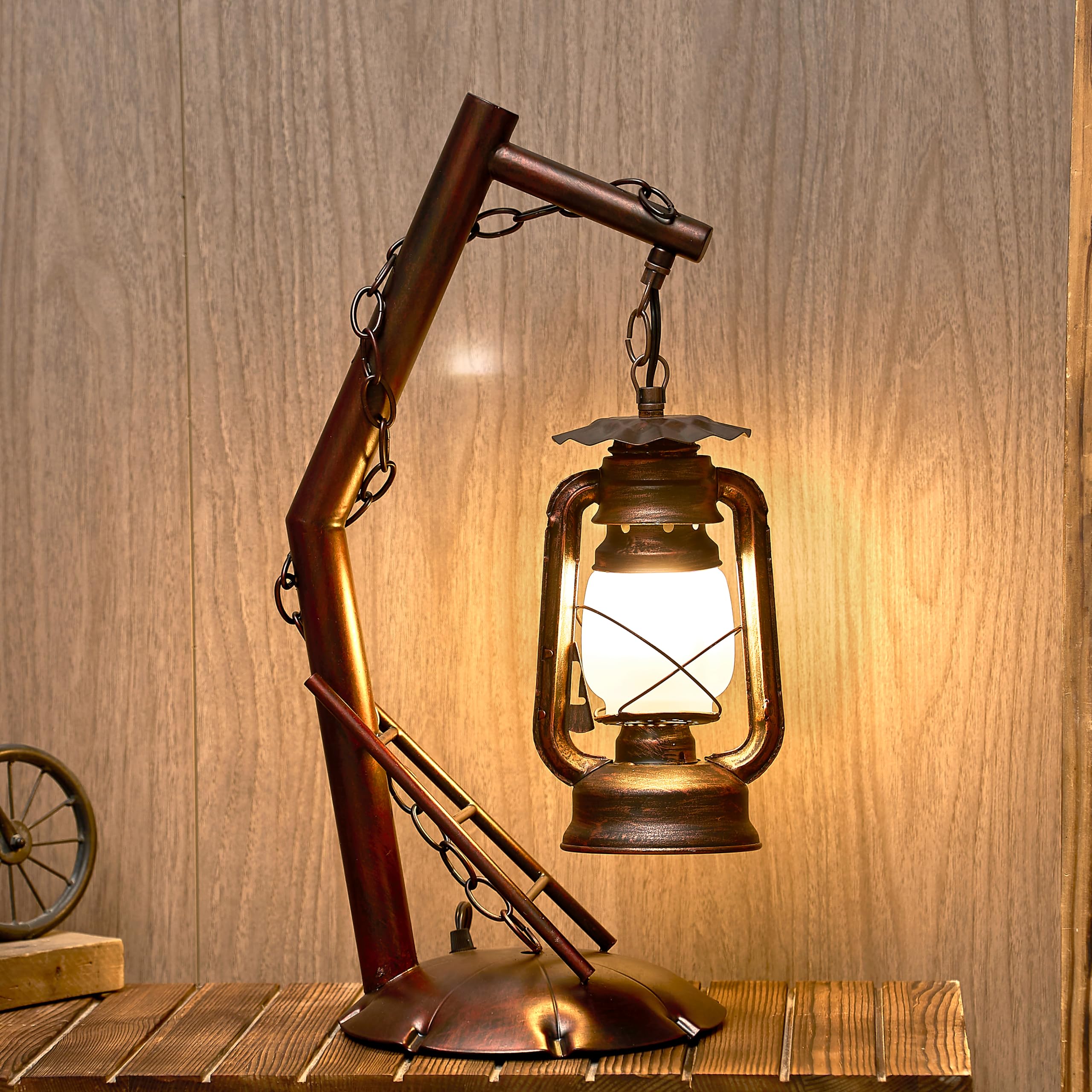 Braveamor Farmhouse Table Lamps Rustic Desk Vintage Lantern Table Lamp Antique Finish Bedside Nightlight Lamp For Bedroom, Office,Living Room (Red Brown Elen Shade, 21×10Inch)