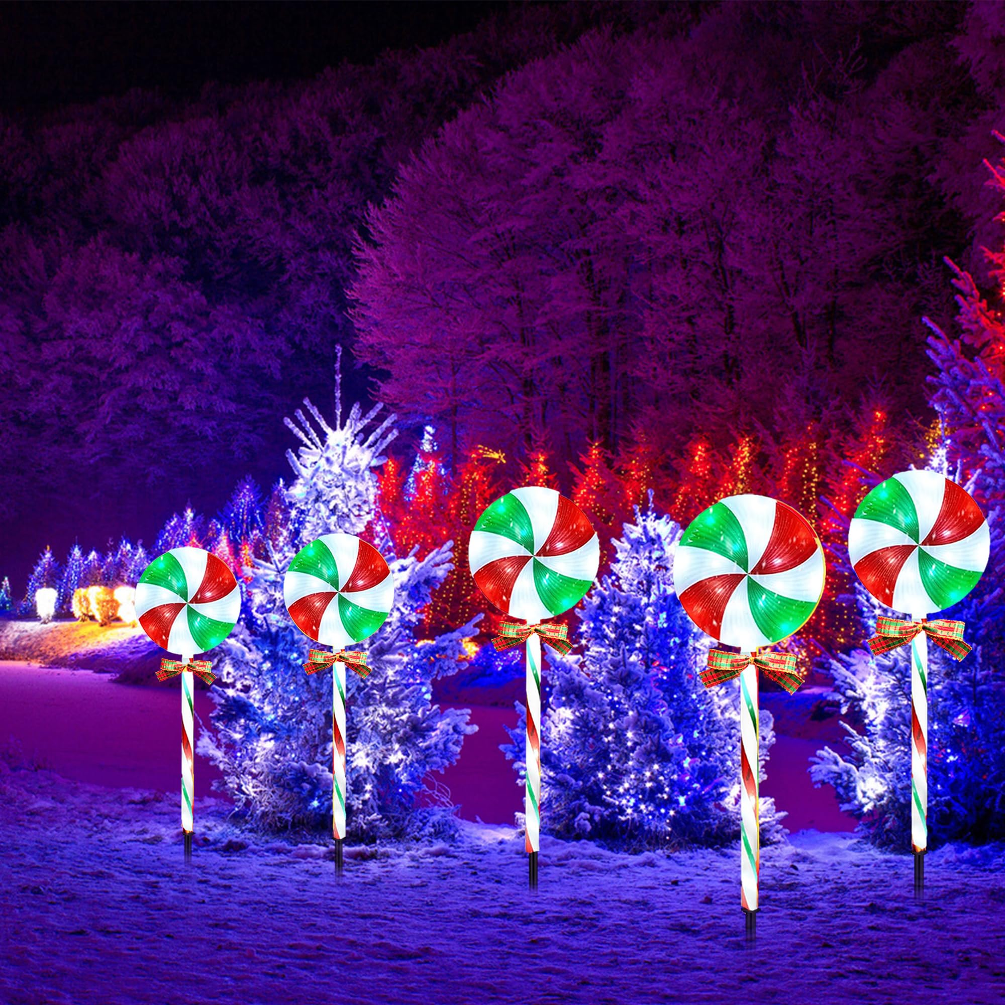 Ijmio 10 Packs Christmas Pathway Lollipop Lights With Bow Tie Solar Powered Outdoor Waterproof Xmas Candy Cane Path Landscape Decorative Stake Lights 2 Solar Panel + 10 Lights