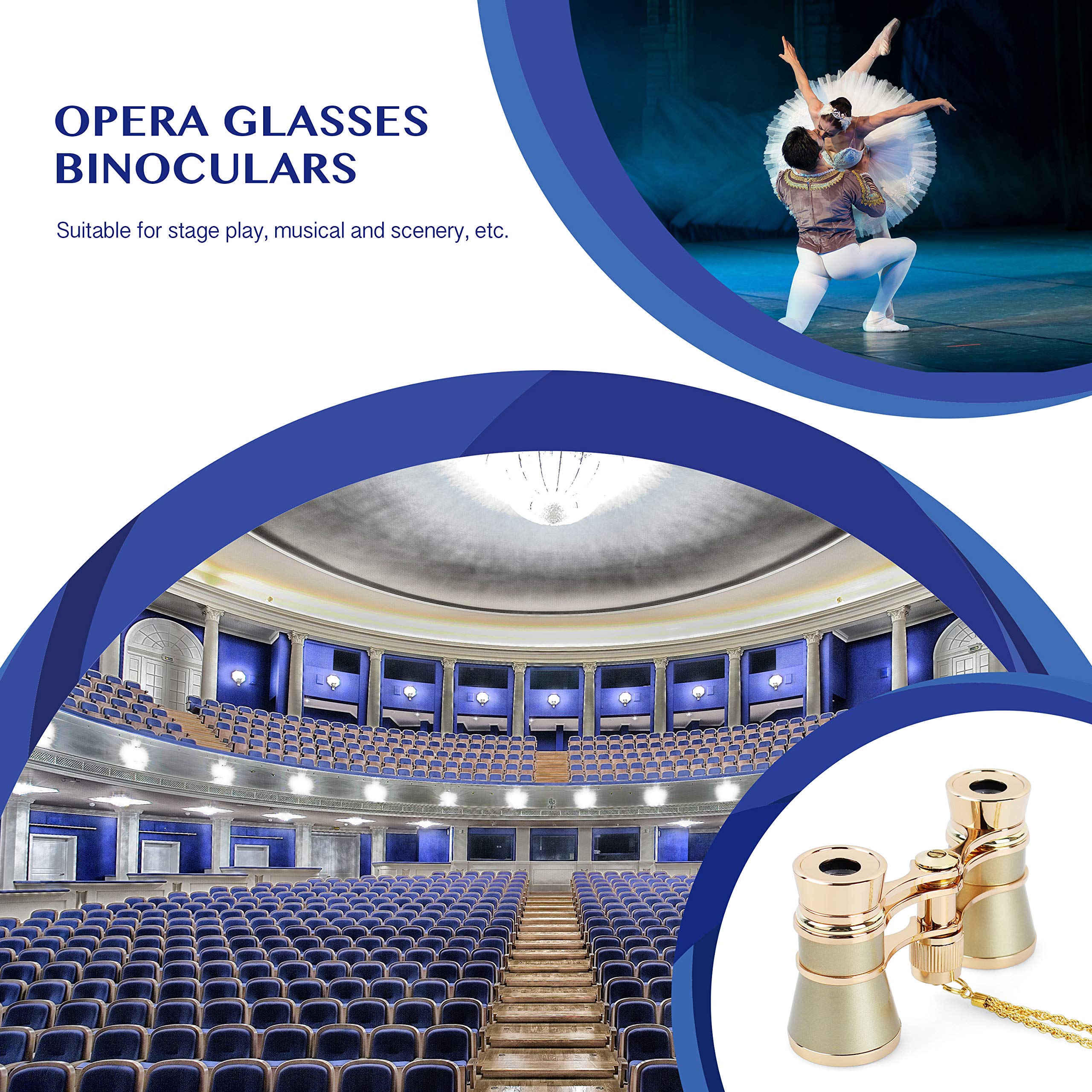 Aomekie Opera Glasses Binoculars 3X25 Theater Glasses Mini Binocular Compact With Chain For Adults Women Kids In Musical Concert（Gold）