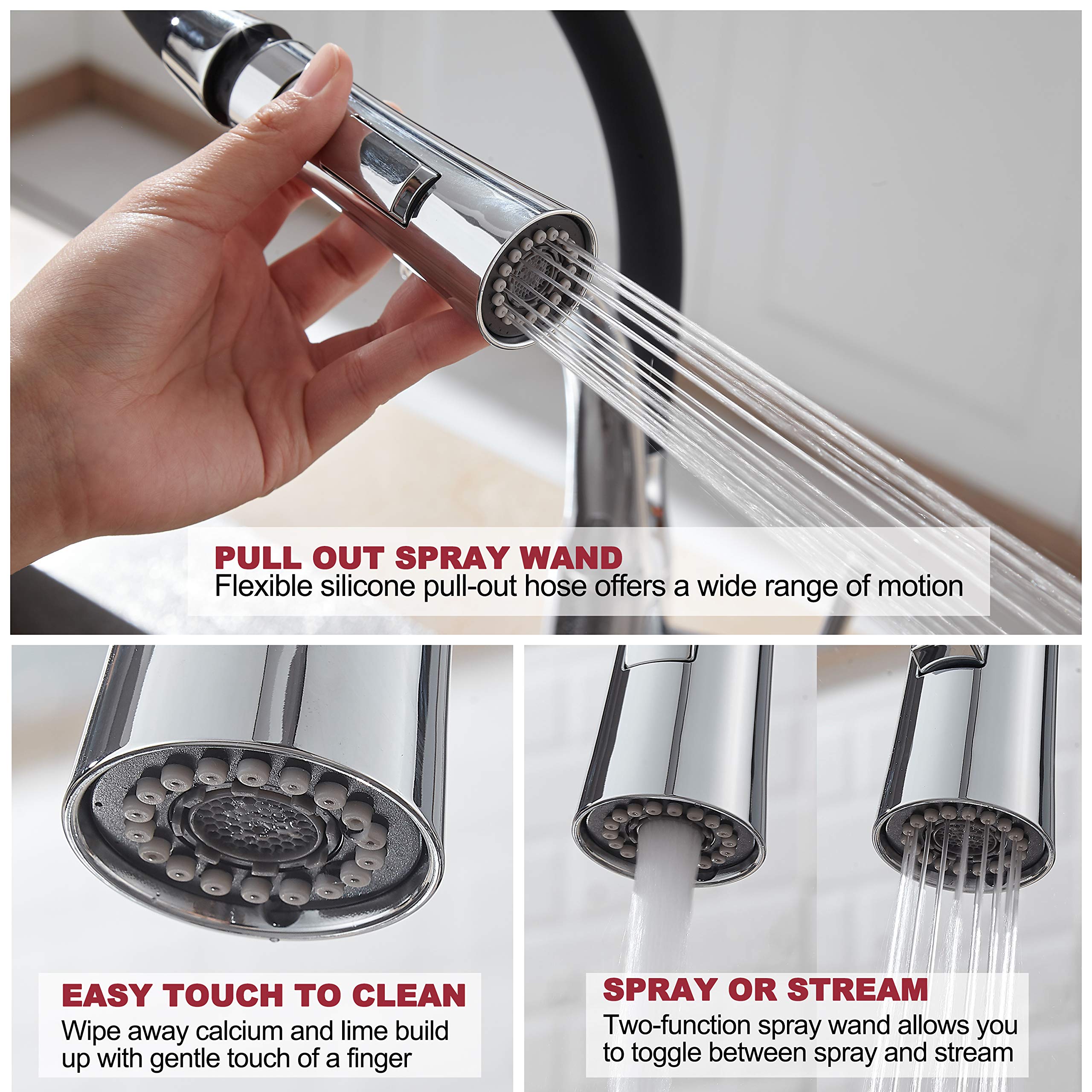 Roddex Pullout Kitchen Faucet Solid Brass Single Handle One Hole Kitchen Sink Faucet With 360 Swivel Modern Black Rubber Neck Pull Down Sprayer, 3 Hole Deck Plate, Polished Chrome