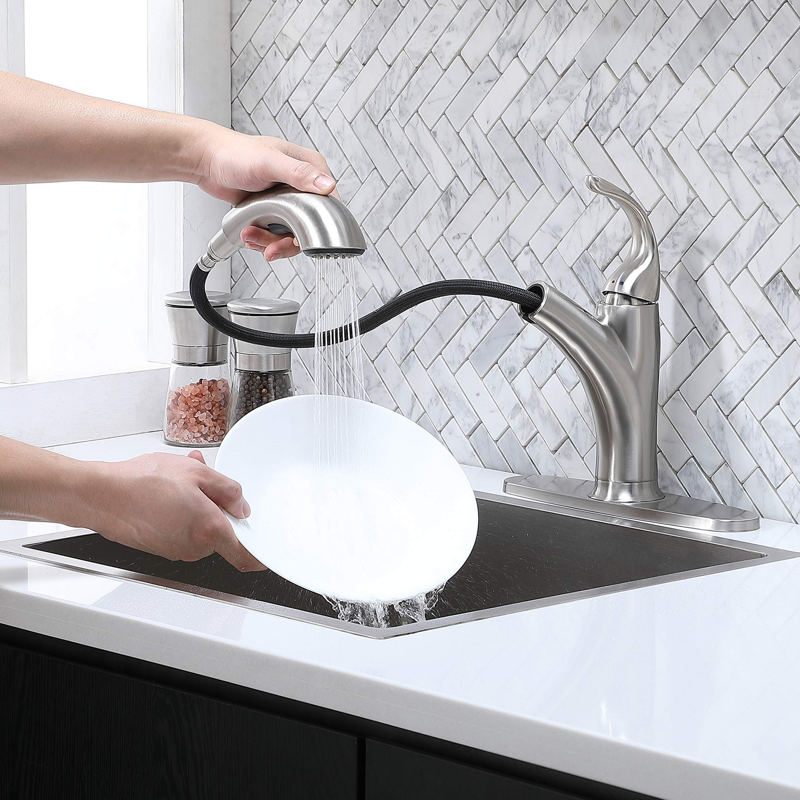 Ikebana Kitchen Faucet With Sprayer Brushed Nickel, Rv Kitchen Sink Faucet, Stainless Steel Pull Out Faucet For Kitchen Sink,1 Or 3 Hole Small Kitchen Faucets With Deck Plate And Supply Hoses