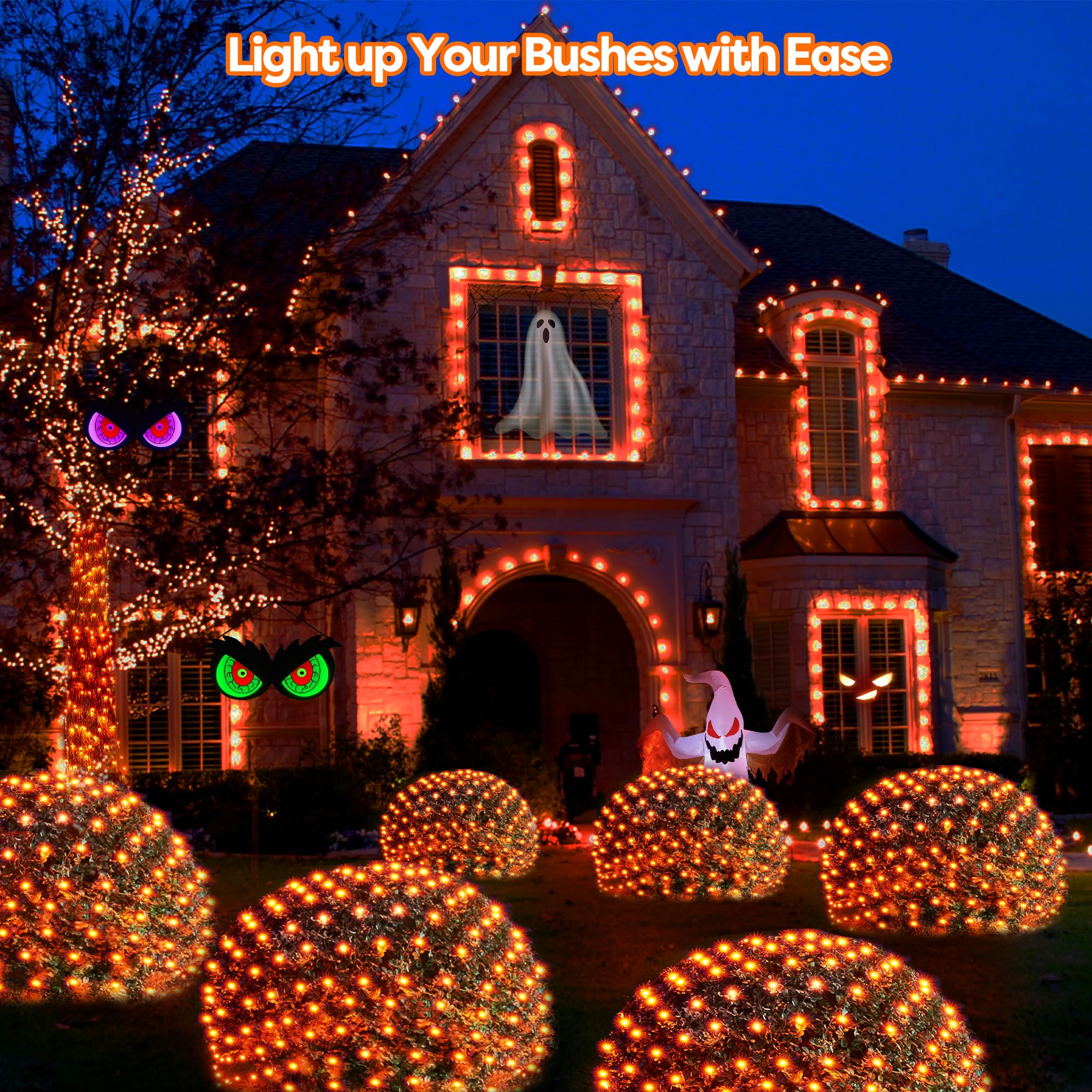 Wbao Solar Halloween Net Lights, 200Led 8.4Ft X 5.2Ft Orange Halloween Bush Lights With Remote, 8 Modes, Timer, Ip65 Waterproof & Dark Green Wire For Lawn, Bushes, Trees, Outdoor Halloween Decorations