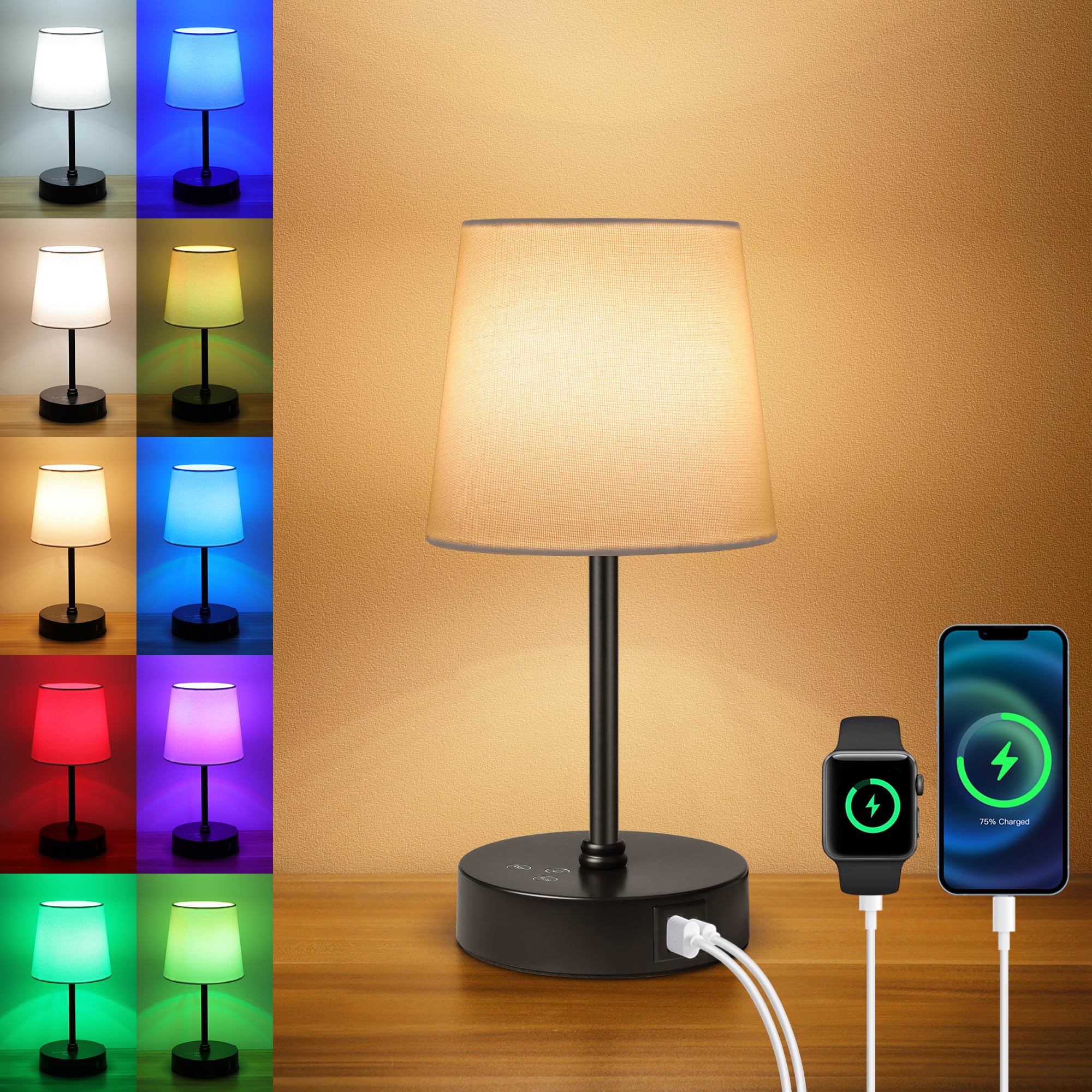 Ascher 1 Pack Small Bedside Table Lamp With 3 Color Temperatures, Dimmable Nightstand Lamps With Dual Usb Ports, Touch Control Rgb Color Desk Lamp For Bedroom Living Room Study Office(White Shade)