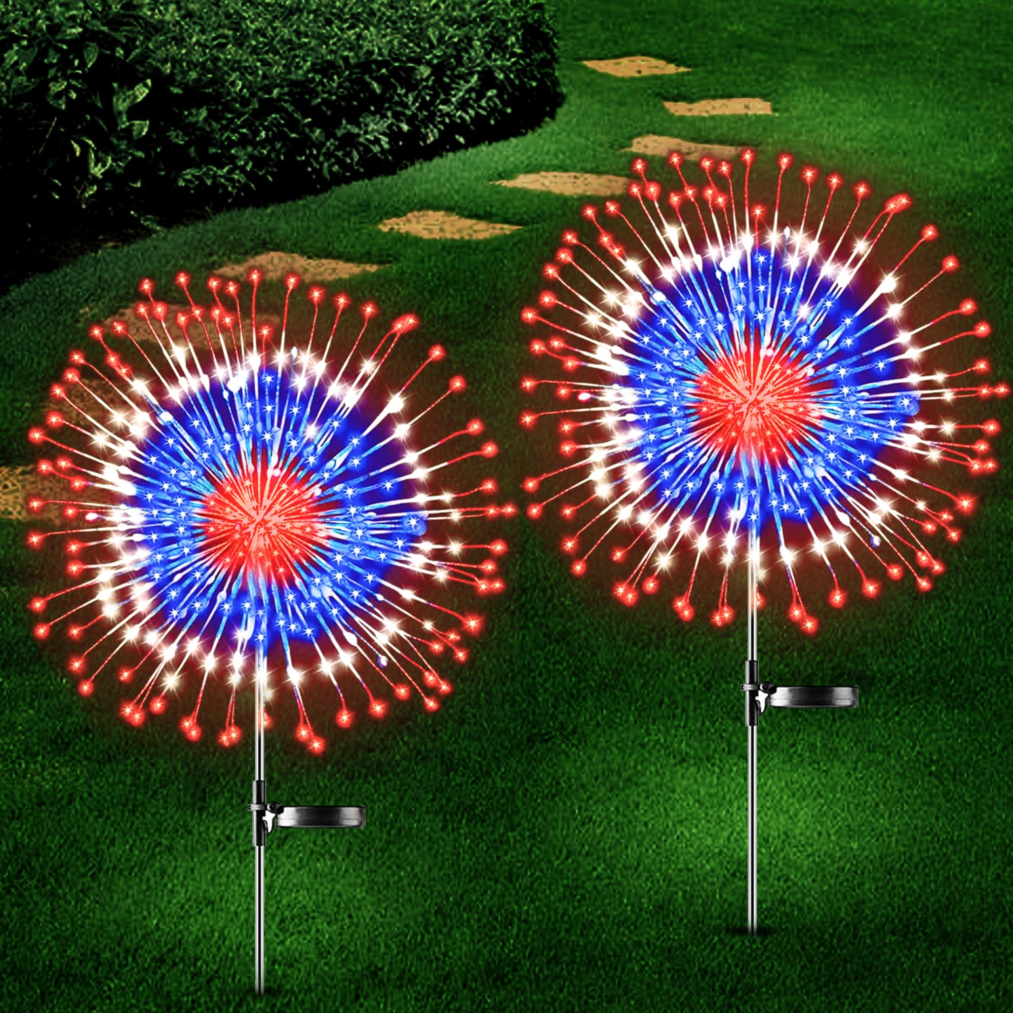 Sakayo 4Th Of July Decorations Outdoor Solar Lights, 2 Pack Fourth Of July Red White And Blue Patriotic Decorations, Outdoor Solar Firework Fairy Lights With 180 Led 8 Modes For July 4Th Decor