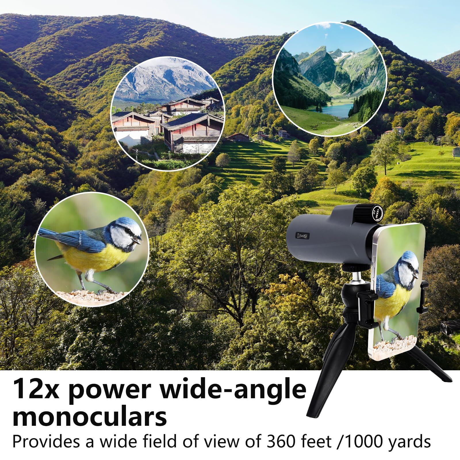 Cleverish 12X56 High Power Monoculars For Adluts, Tripod Travel Bag With Smartphone Adapter, Bak-4 Prism, Ultra Clear Fmc Lens For Bird Watching, Hunting, Traveling, Hiking.Designed In United States