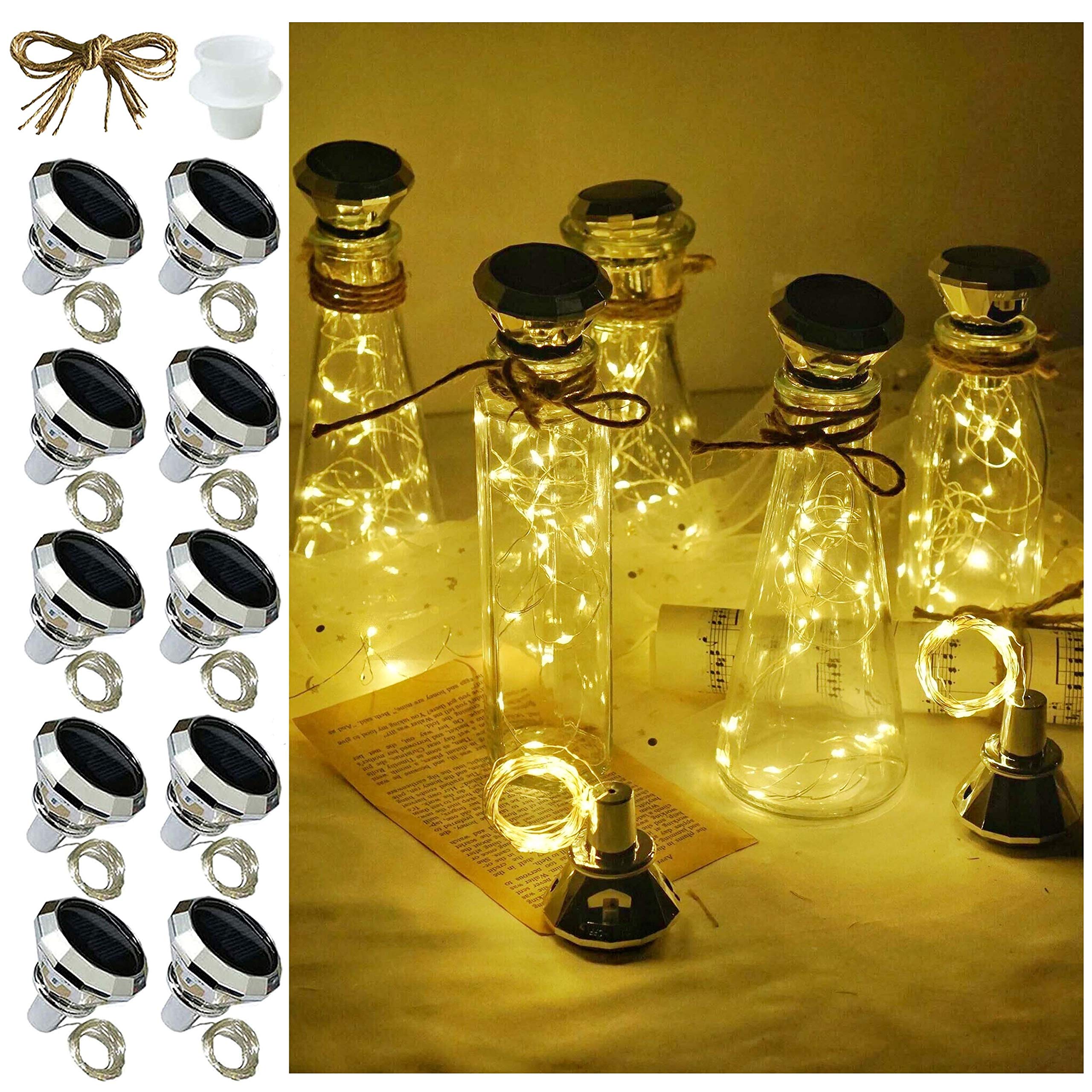 Ninite Lights Solar Wine Bottle Lights, 10 Pack Diamond Cork Lights, 20 Led Outdoor Waterproof Fairy String Lights For Garden Wedding Patio (Warm White)