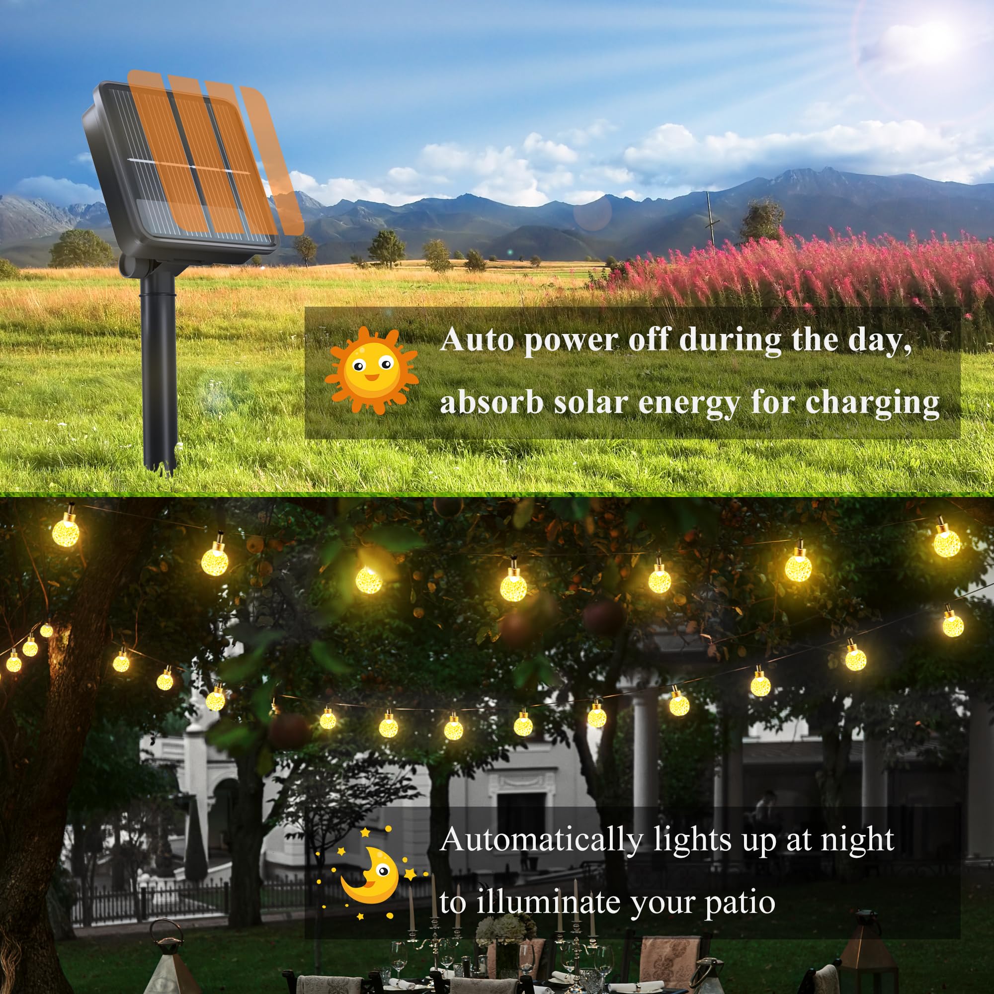 Flechllary Solar String Lights For Outside, Crystal Globe Lights With 8 Modes, Solar String Lights Outdoor Waterproof For Garden Tree Patio Party Christmas Decorations (Warm White)