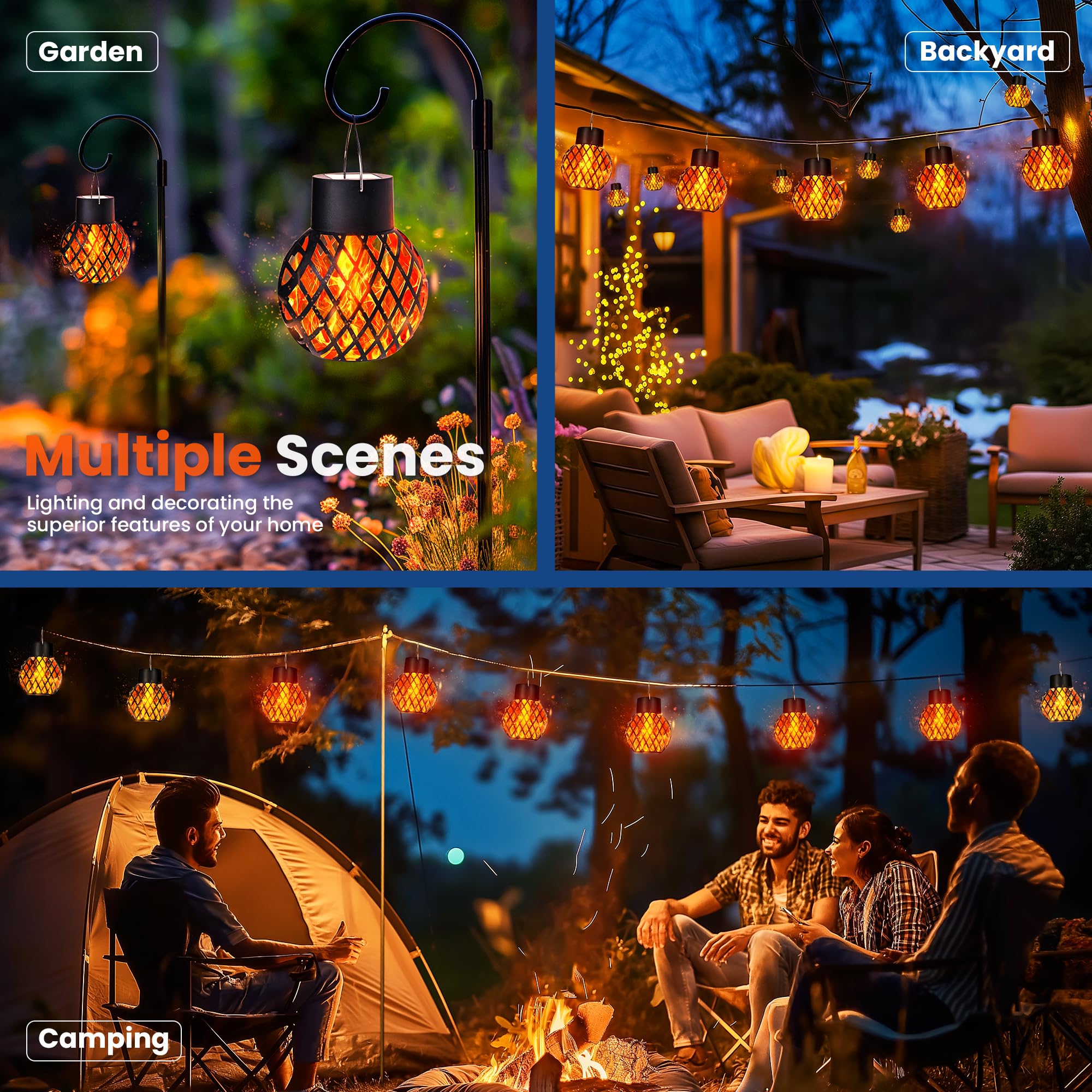 Gigalumi Solar Hanging Lights - 8 Pack With Flickering Flame, Outdoor Solar Lights For Yard, Patio, Tree, Camping, Christmas Decoration, Larger Lanterns