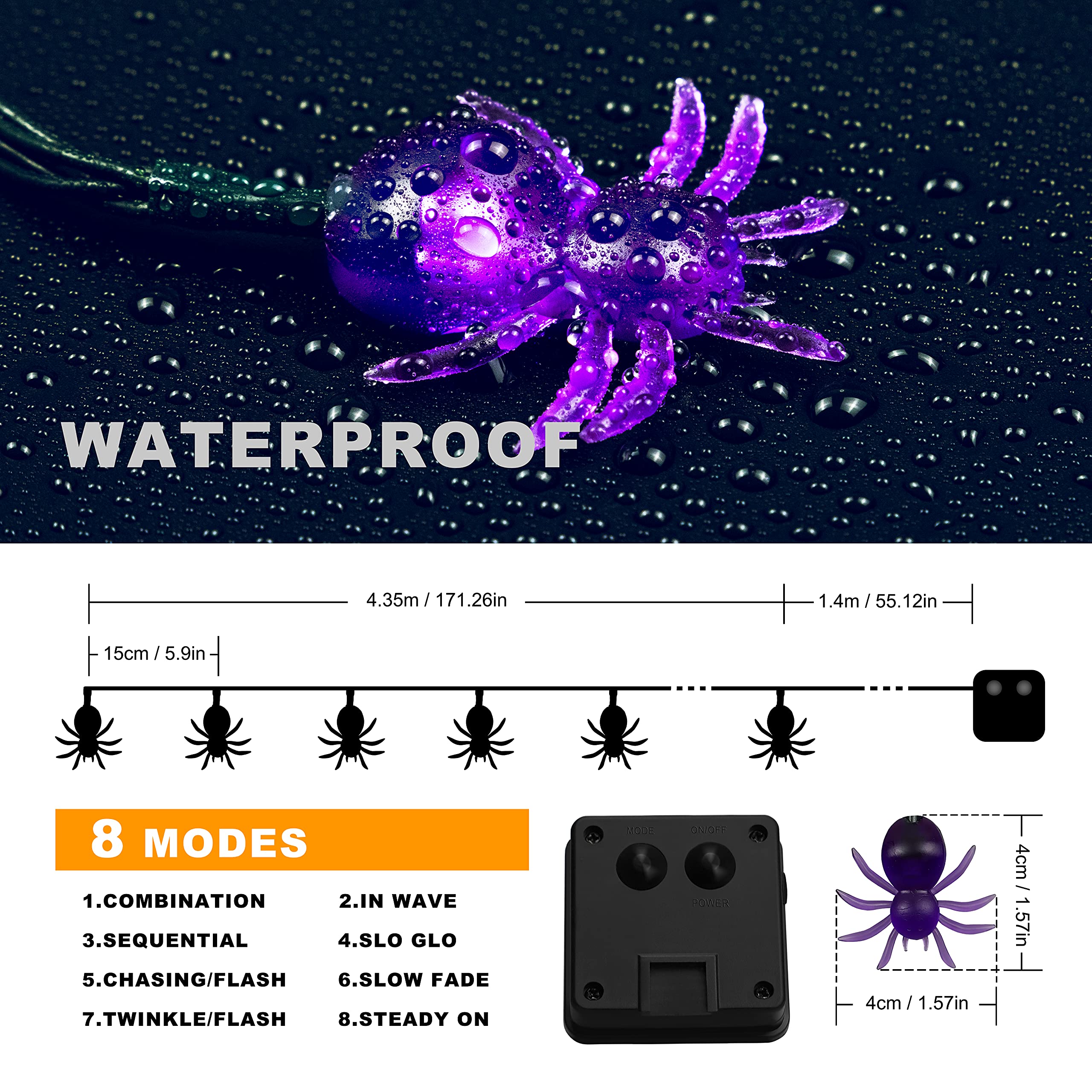 Oopswow Halloween Decor Spider String Lights, Solar String Light,2Pack 20Ft 30 Led Outdoor Decorative Lights For Patio, Garden, Gate, Yard, Halloween Christmas Decoration (2Pack,Spider)