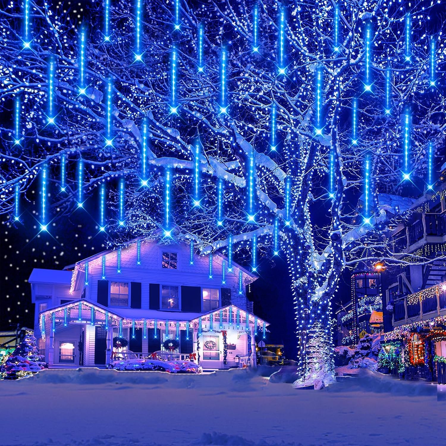 Kwaiffeo Meteor Shower Lights - 12 Inch 8 Tube Rain Falling Icicle Cascading Lights For Xmas Tree, Halloween, Wedding Party & Outdoor Yard Decorations - Ul Plug Blue