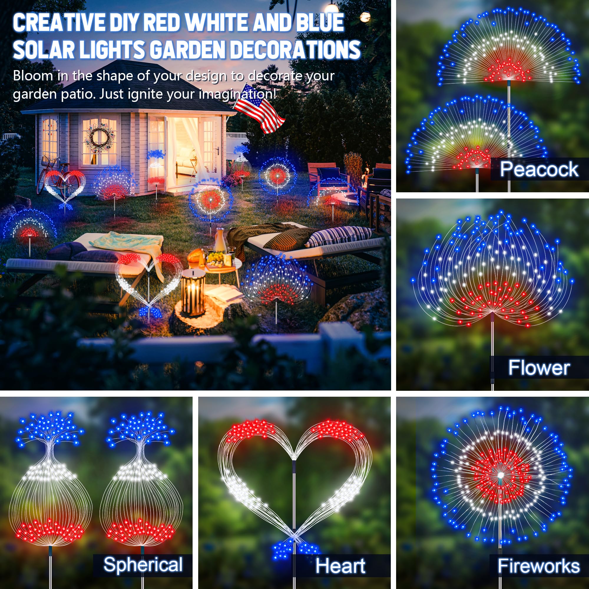 Sakayo 4Th Of July Decorations Outdoor 2 Pack Red White And Blue Solar Firework Lights With 180 Led 8 Lighting Modes Patriotic Decorations Fireworks Lights Waterproof Fourth Of July Lights For Party