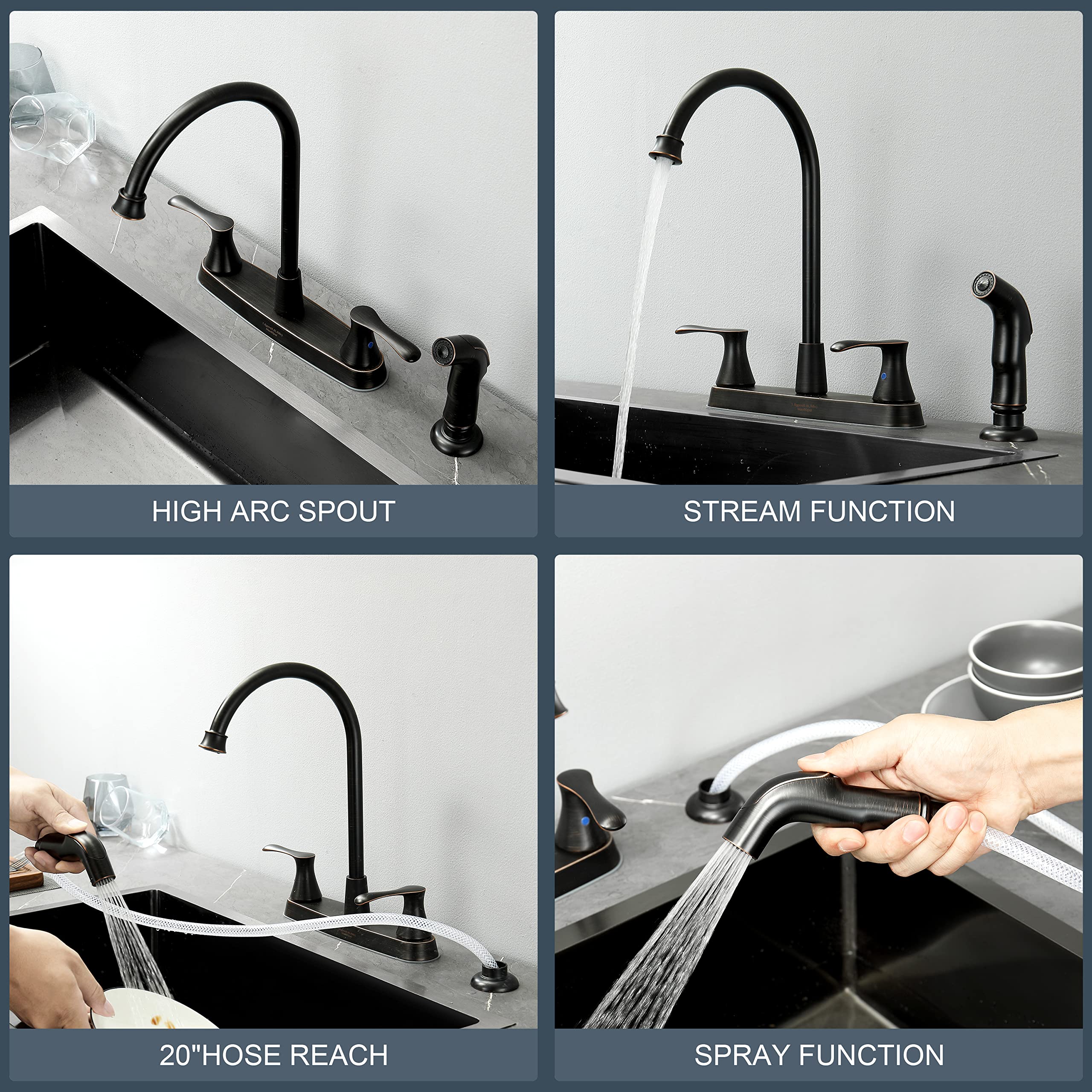 Kirlystone Oil-Rubbed-Bronze Kitchen Faucet With Side Sprayer, Bronze 2-Handle Faucet For 4 Holes Kitchen Sink