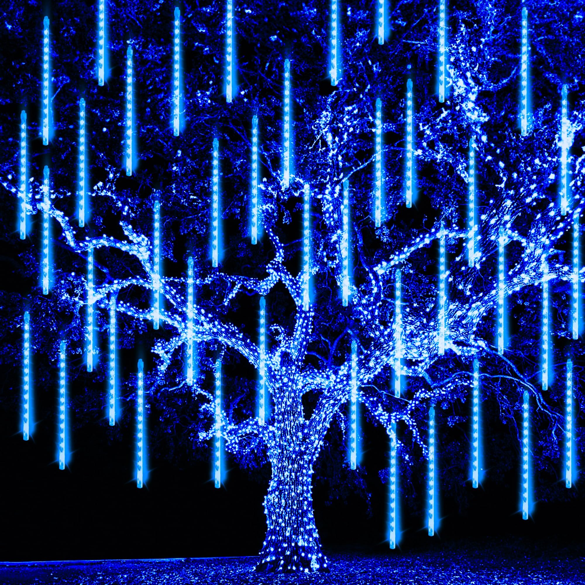 Tw Shine Christmas Lights Outdoor, 288 Led 12" 8 Tubes Meteor Shower Lights Outdoor Christmas Decorations Plug In, Waterproof Snow Falling Rain Icicle Xmas Lights For Tree Decor, Blue