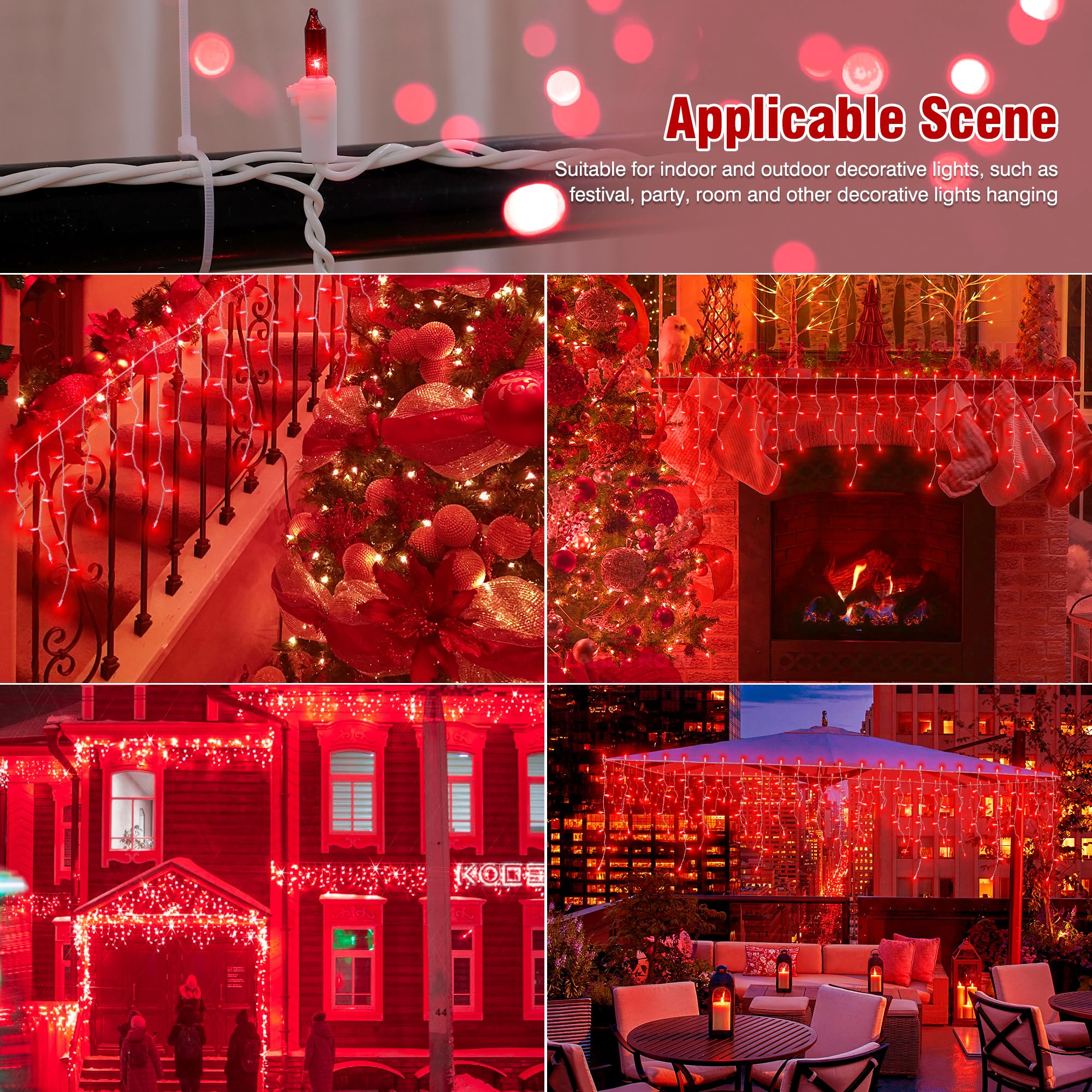 Oopswow Youngar 23Ft 200 Icicle Christmas Lights, Waterproof Connectable Twinkle Fairy Lights For Indoor Outdoor Fireplace Wedding Decorations (Red)