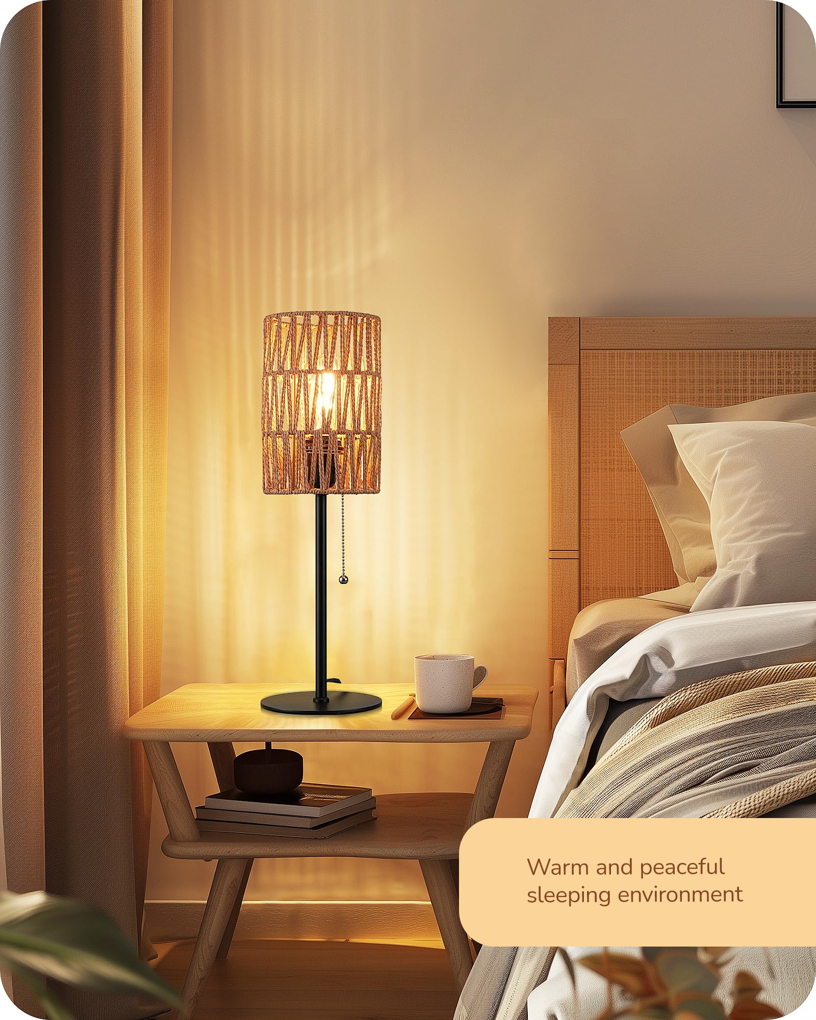 Edishine 19.1" Rattan Table Lamp, Tall Bedside Lamp With W-Knit Lampshade, Pull-Chain Switch & E26 Socket, Metal Base Boho Nightstand Lamp For Bedroom, Living Room, Office