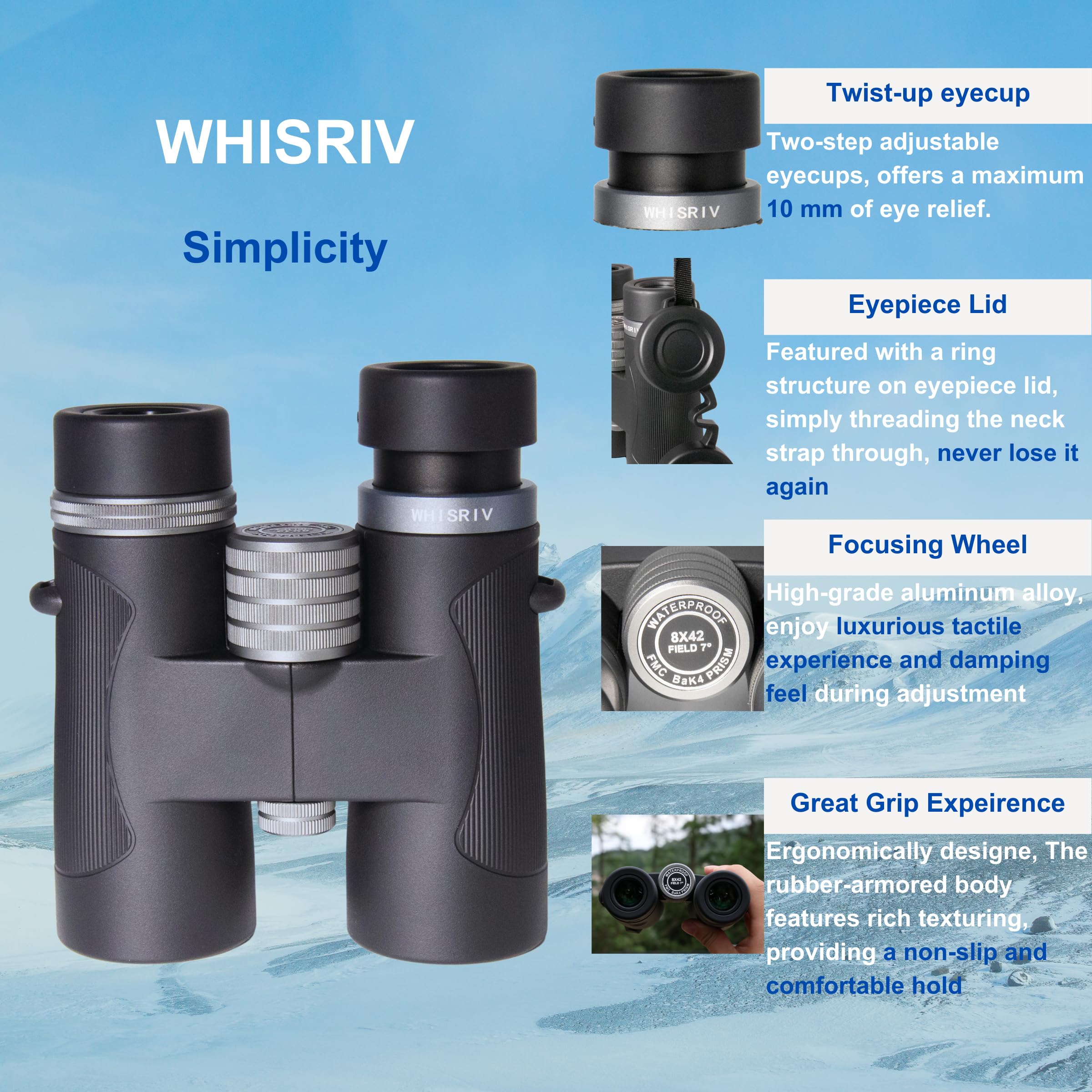 Whisriv 8X42 Binoculars For Adults, Bak4, Lanthanide Ed Glasses, Fmc, Wide Fov, Long Eye-Relief, Nitrogen Purged Waterproof, Fogproof, Shockproof, Ideal For Hunting, Bird Watching, Travel, Outdoors