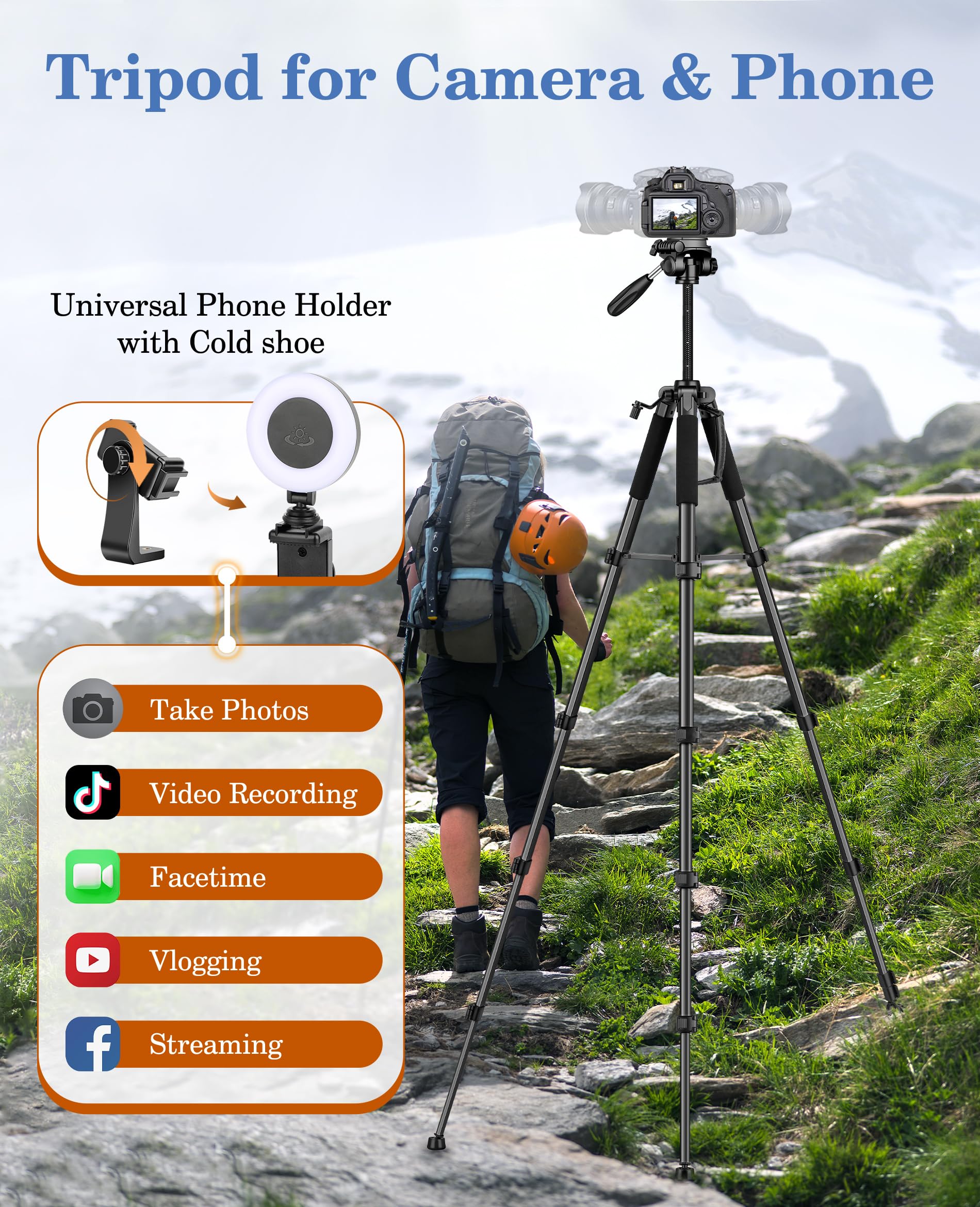 Joilcan 75" Camera Tripod, Tripod For Camera Cell Phone, Aluminum Heavy Duty Tripods Stand, Tall Travel Tripods With Carry Bag Compatible With Iphone Canon Nikon Dslr Camera Laser Projector