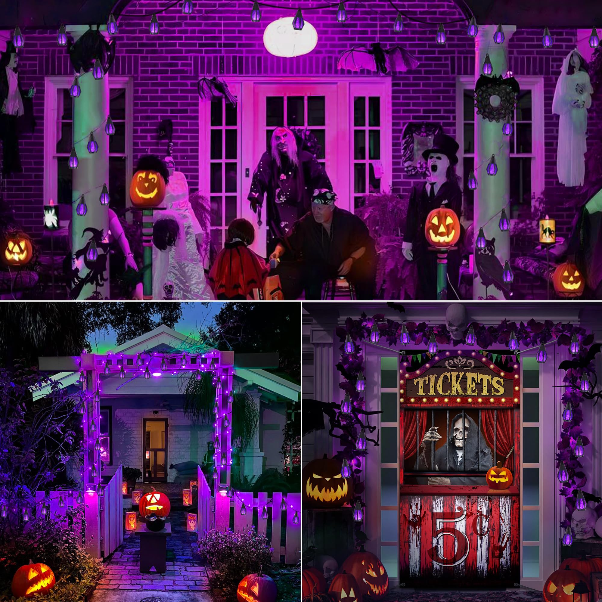 Jnaurb Solar Halloween Lights Outdoor, 13Ft Outdoor String Lights With 10 Flickering Flame Bulb, Waterproof Solar Powered Purple Halloween Lights Led Flame Lights For Halloween Decorations Yard Patio Garden