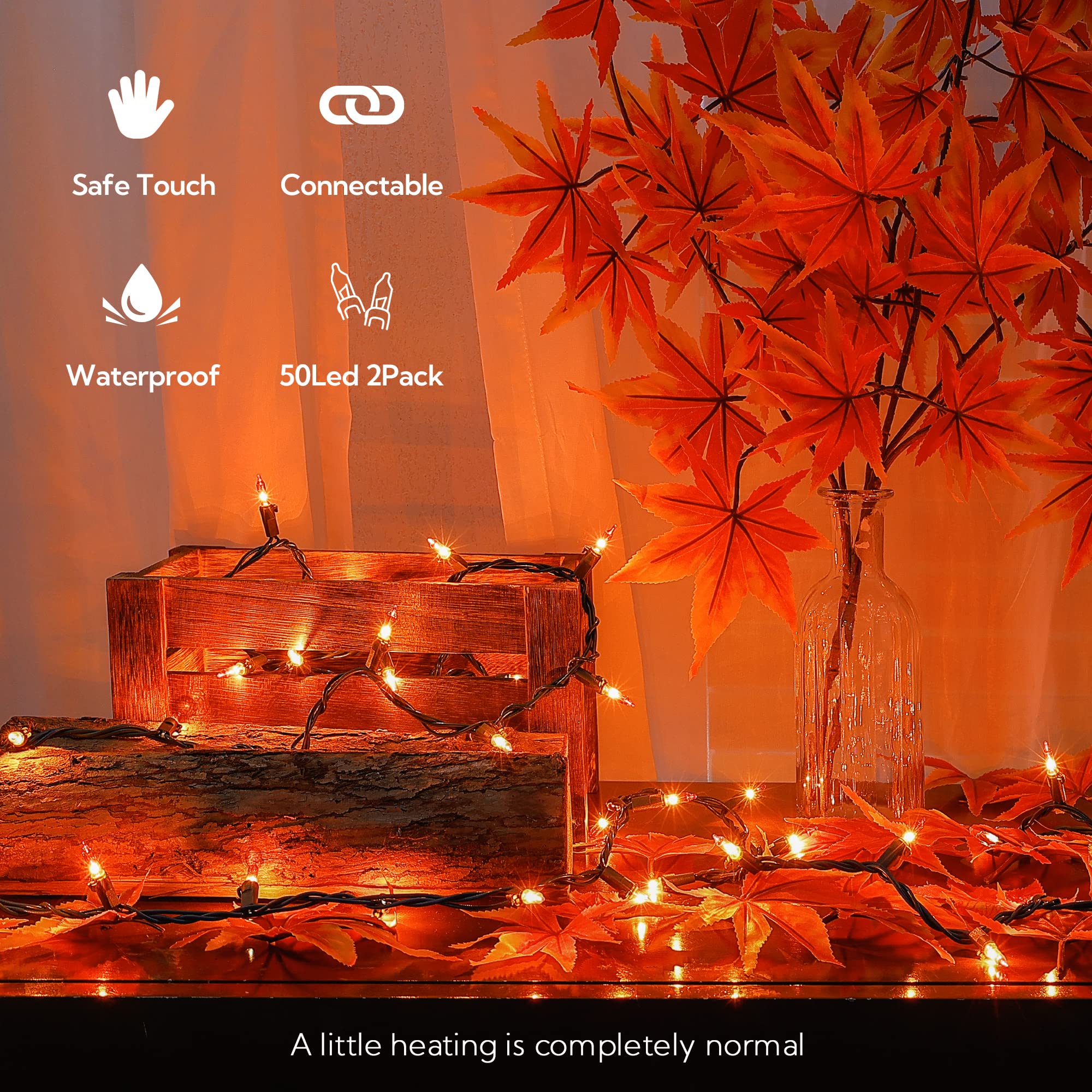 Hopolon Mygoto Orange Thanksgiving Mini Lights, 2Pack 13Feet 50Count Autumn Fall String Lights,Connectable 120V Plug In For Outdoor Indoor Garden Party Halloween Christmas Xmas Tree Lights Yellow Decor